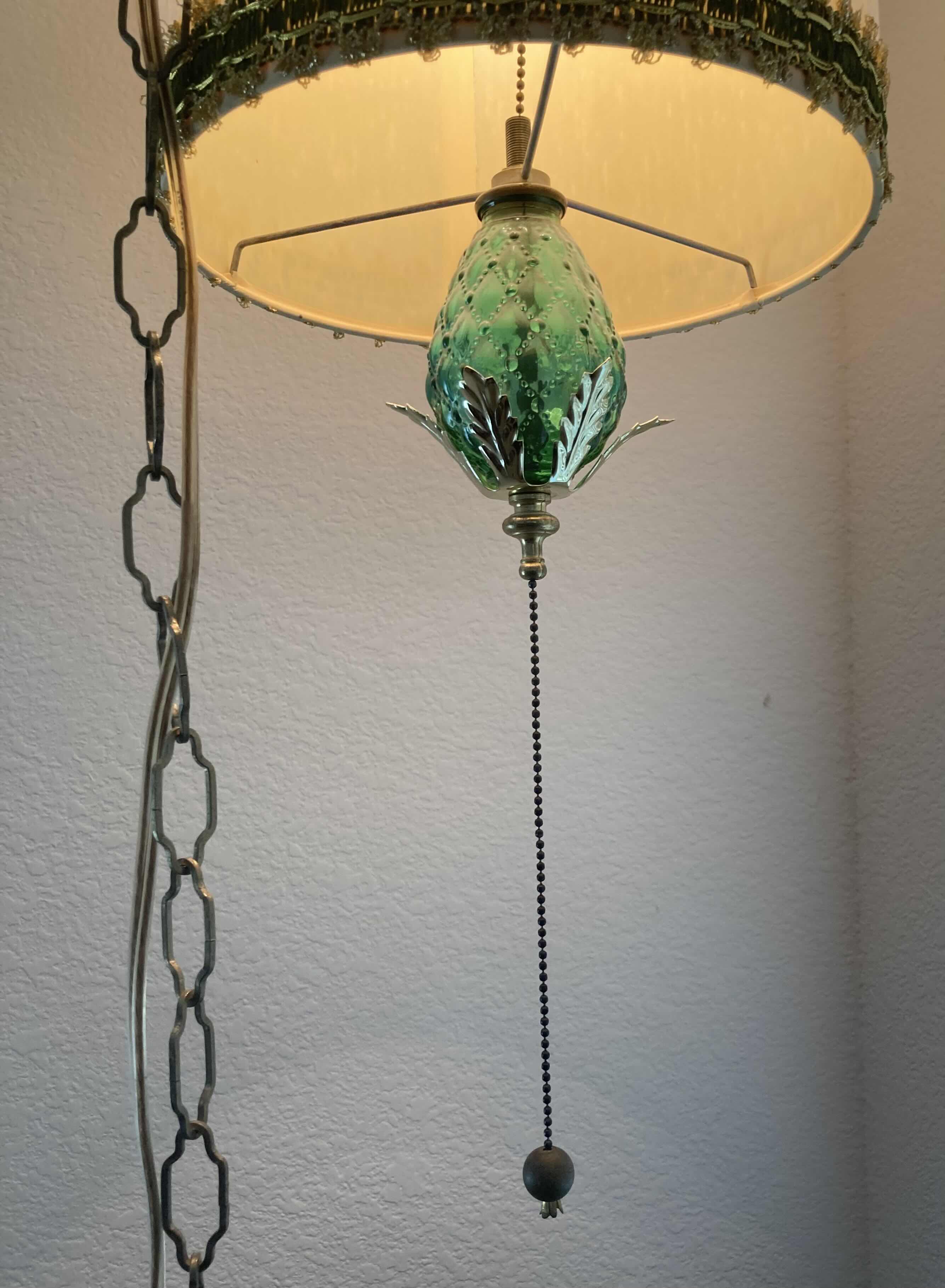 Photo 1 of MID CENTURY PENDANT SWAG LAMP W DRUM SHADE & GREEN GLASS 11FT CHAIN/13FT CORD 10” X H15” SHADE