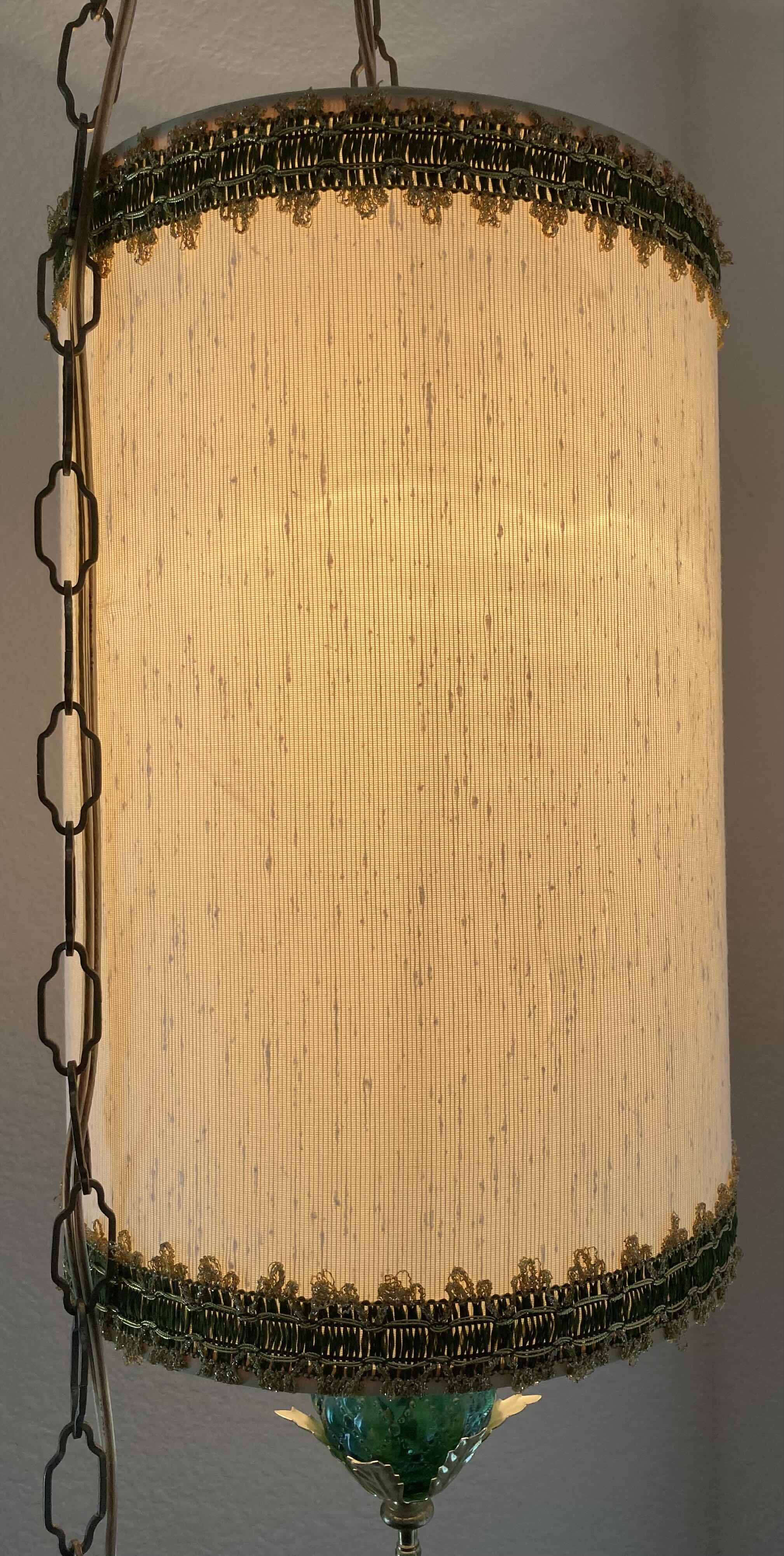 Photo 1 of MID CENTURY PENDANT SWAG LAMP W DRUM SHADE & GREEN GLASS 11FT CHAIN/13FT CORD 10” X H15” SHADE