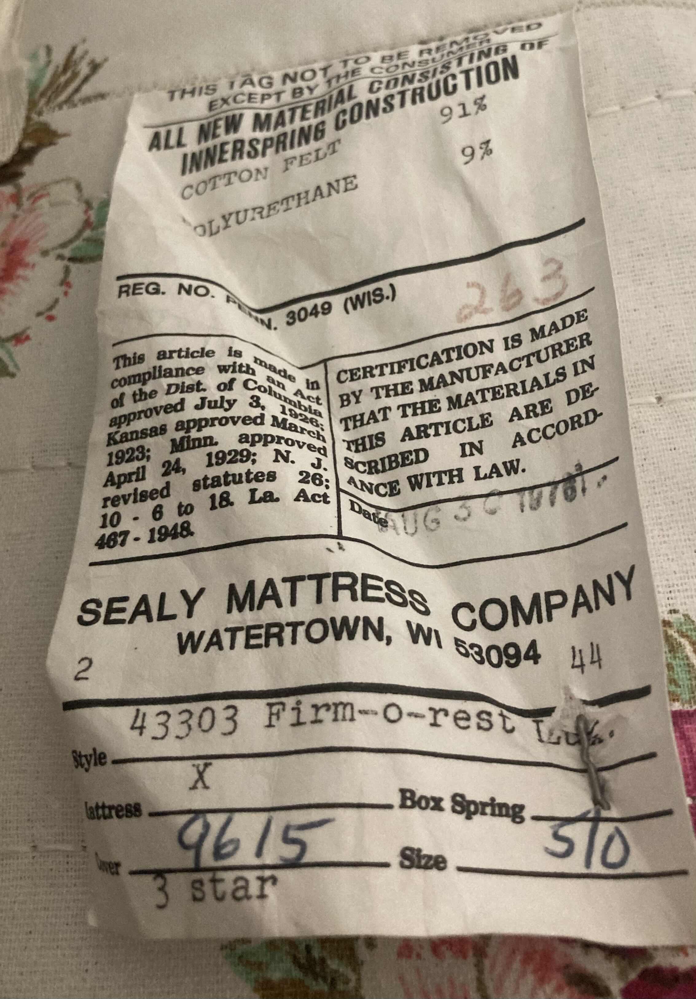 Photo 1 of SEALY MATTRESS COMPANY FLORAL QUEEN MATTRESS & BOX-SPRING W BED RAILING 60.5” X 80”