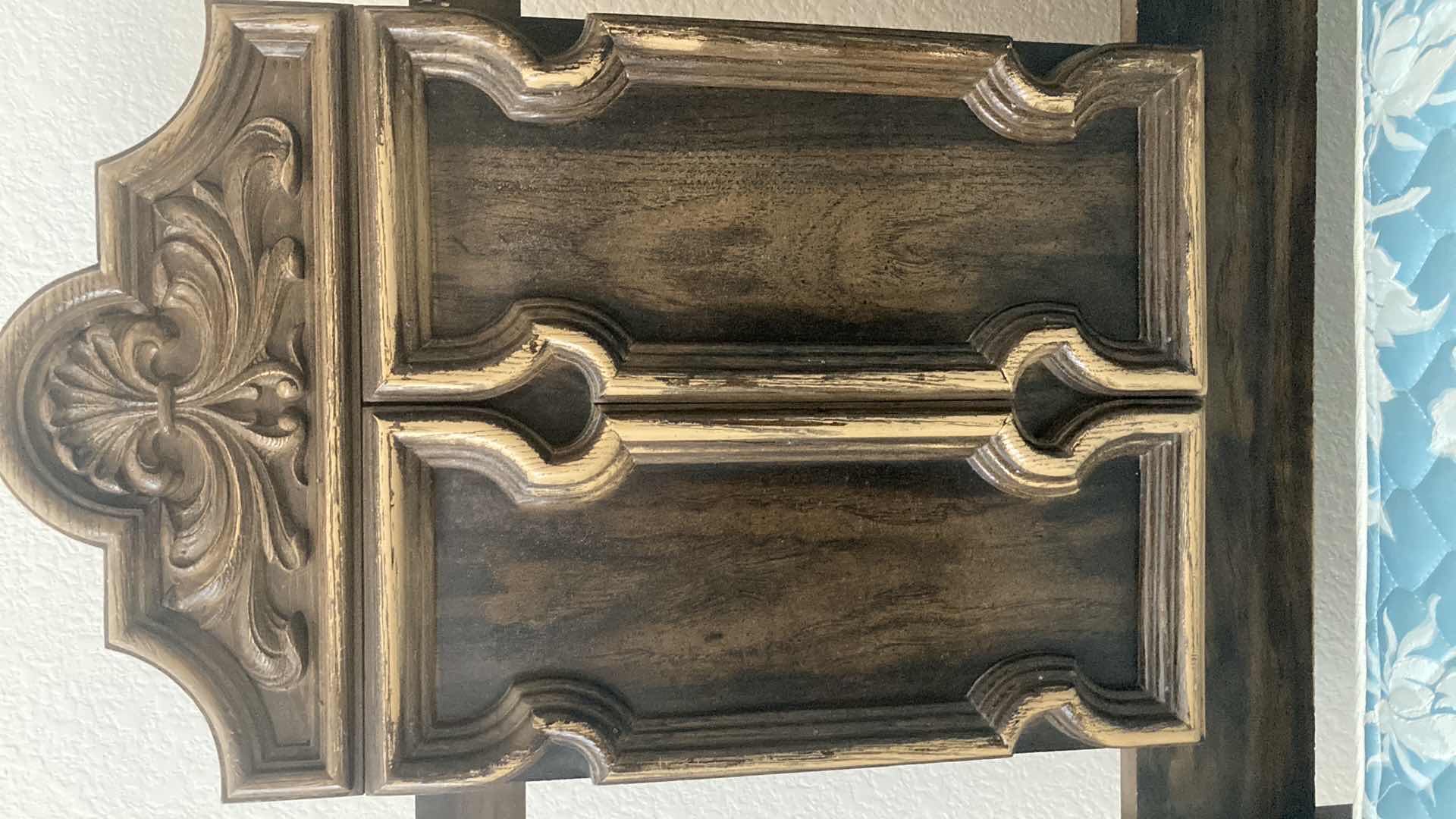 Photo 1 of MID CENTURY WOOD BACK BOARD W SEALY BLUE FLORAL QUEEN MATTRESS , BOX SPRING & BED RAILING 81.5” X 60.5” H50”