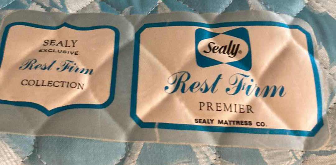 Photo 1 of MID CENTURY WOOD BACK BOARD W SEALY BLUE FLORAL QUEEN MATTRESS , BOX SPRING & BED RAILING 81.5” X 60.5” H50”