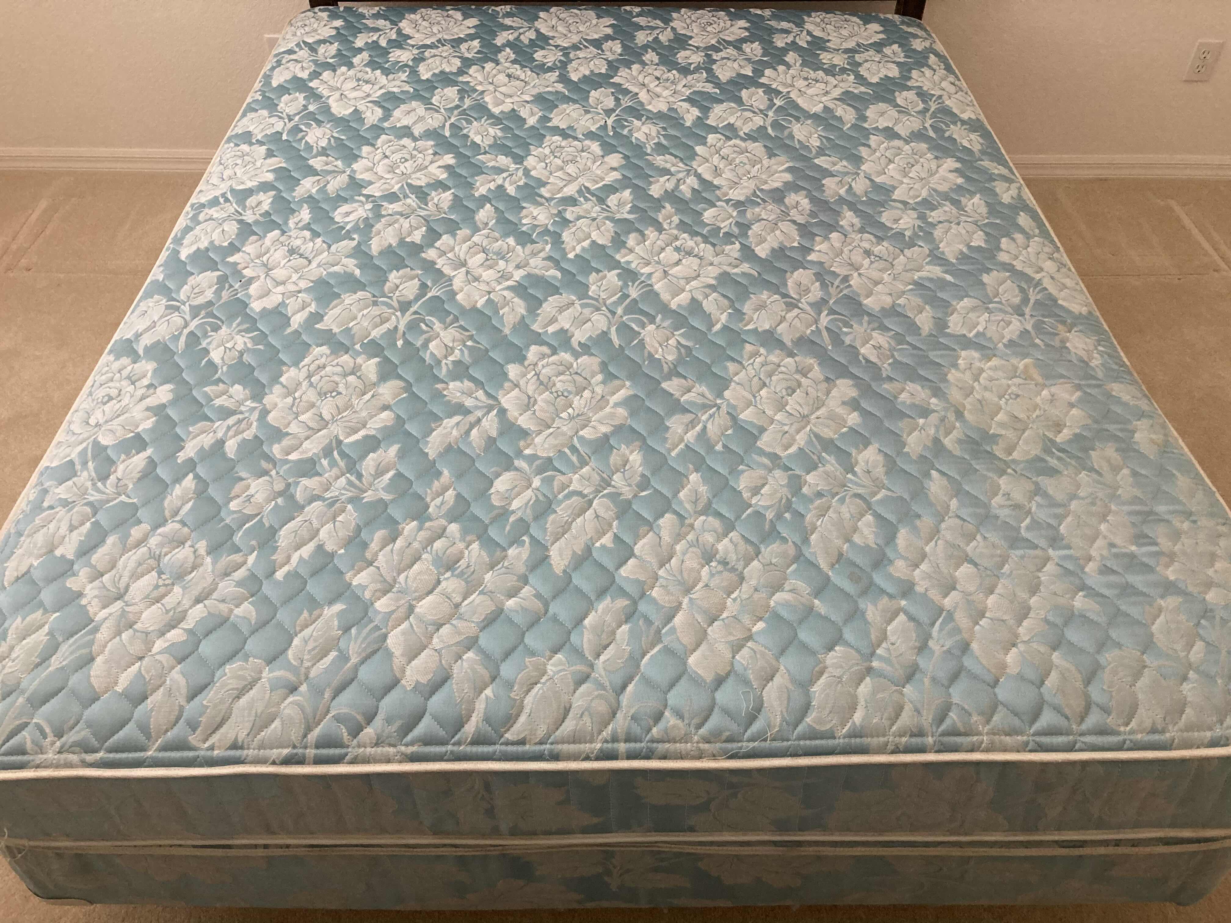 Photo 1 of MID CENTURY WOOD BACK BOARD W SEALY BLUE FLORAL QUEEN MATTRESS , BOX SPRING & BED RAILING 81.5” X 60.5” H50”