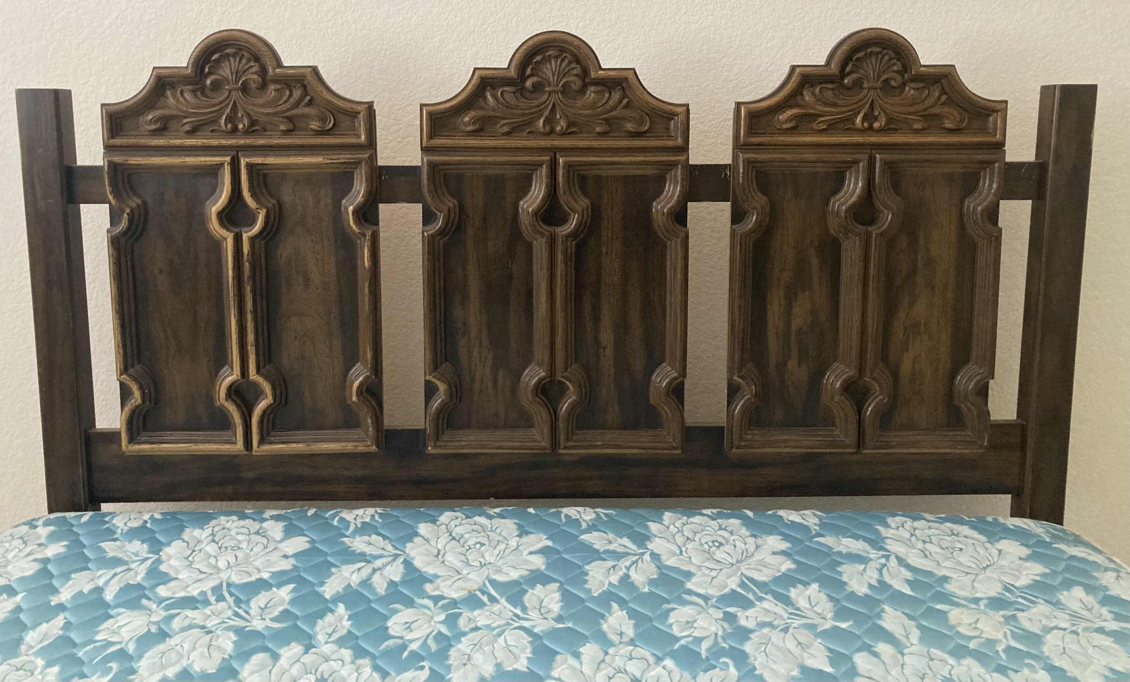 Photo 1 of MID CENTURY WOOD BACK BOARD W SEALY BLUE FLORAL QUEEN MATTRESS , BOX SPRING & BED RAILING 81.5” X 60.5” H50”
