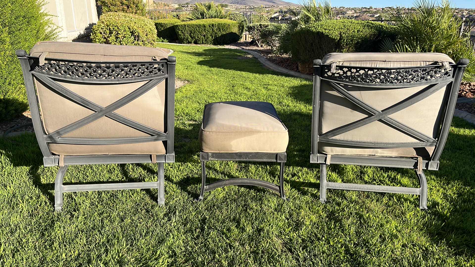 Photo 1 of BLACK FINISH ALUMINIUM FRAME PATIO CHAIRS (2) 27” X 27” H33” W OTTOMAN
