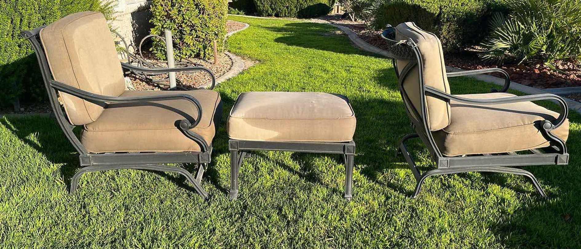 Photo 1 of BLACK FINISH ALUMINIUM FRAME PATIO CHAIRS (2) 27” X 27” H33” W OTTOMAN