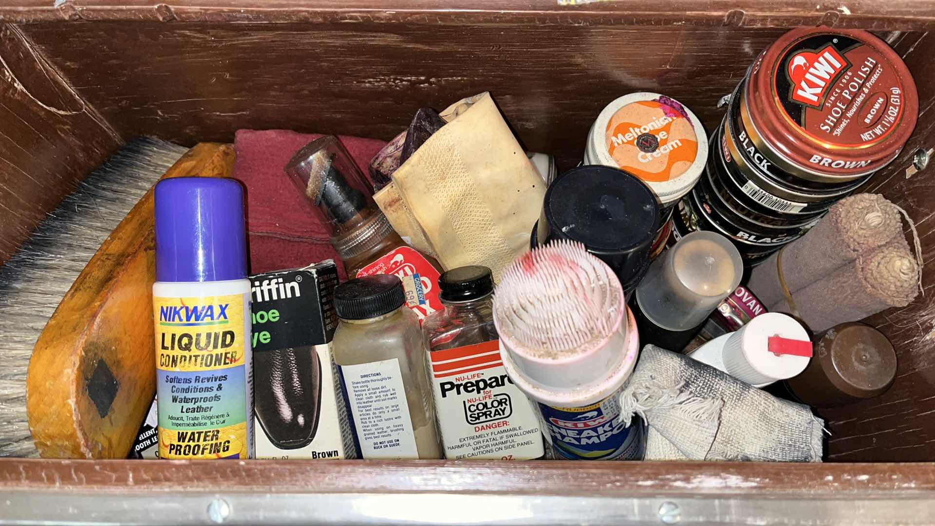 Photo 1 of CUSTOM MADE WOOD BOX W VINTAGE SHOE CLEANING KIT 18” X 9” H9”