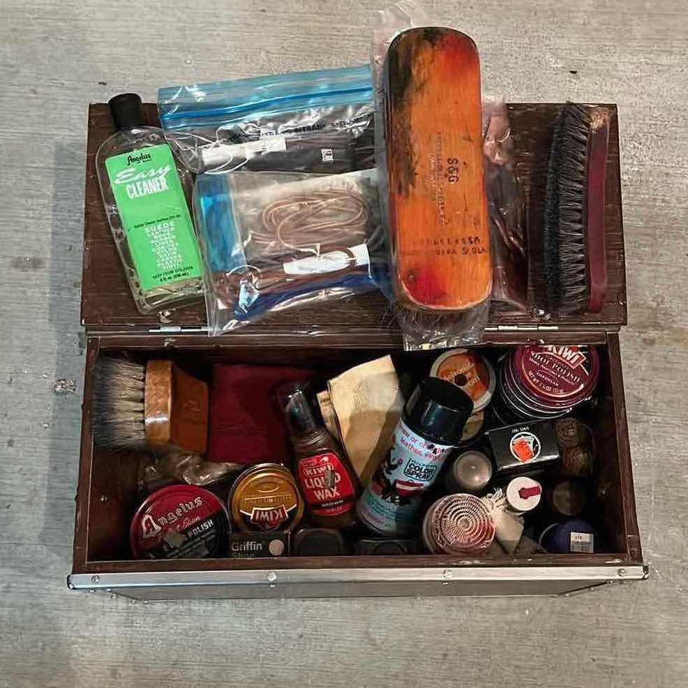 Photo 1 of CUSTOM MADE WOOD BOX W VINTAGE SHOE CLEANING KIT 18” X 9” H9”