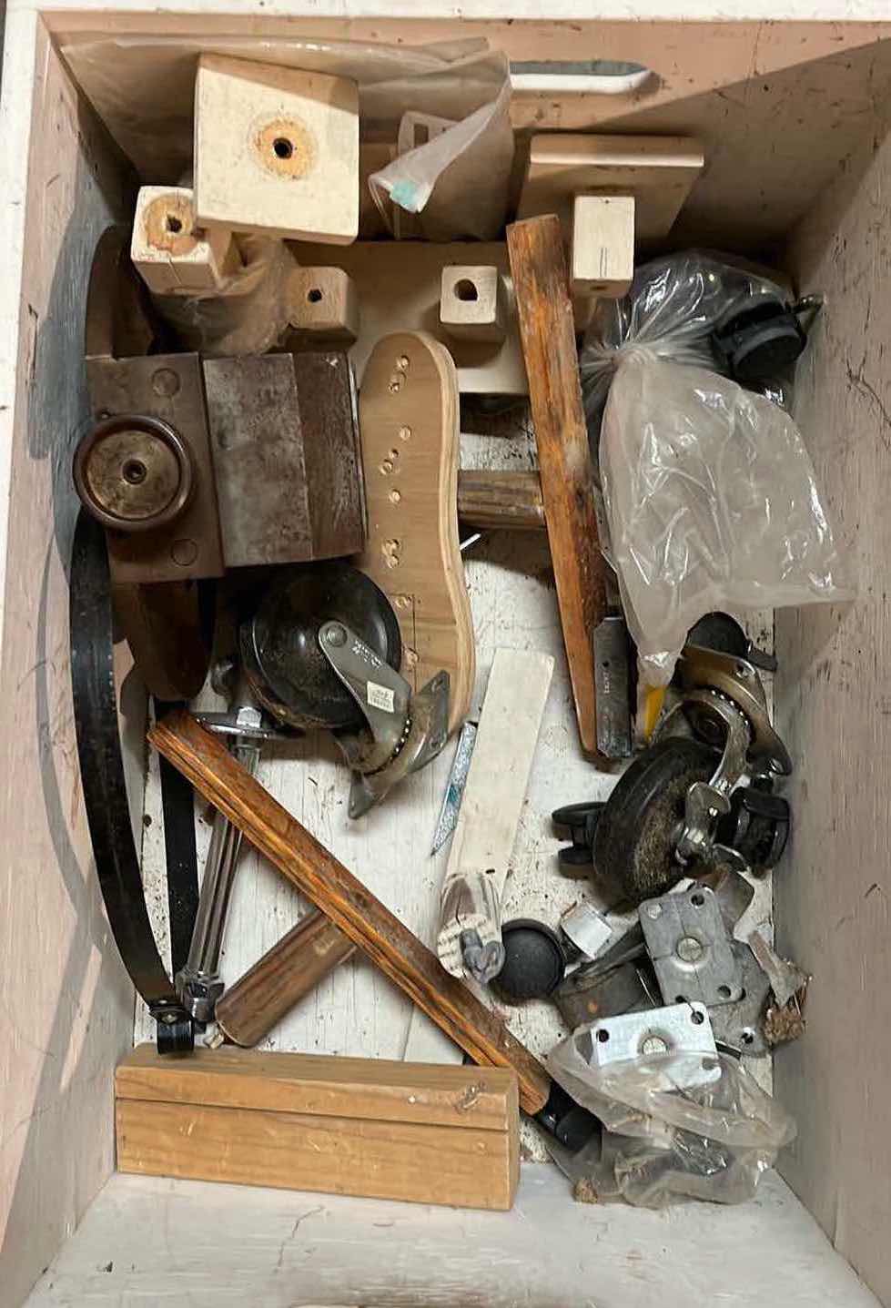 Photo 1 of CUSTOM MADE WHITE FINISH WORK SHOP ROLLING CRATES (2) W CONTENTS INCLUDED 16.5” X 23.5” H14”