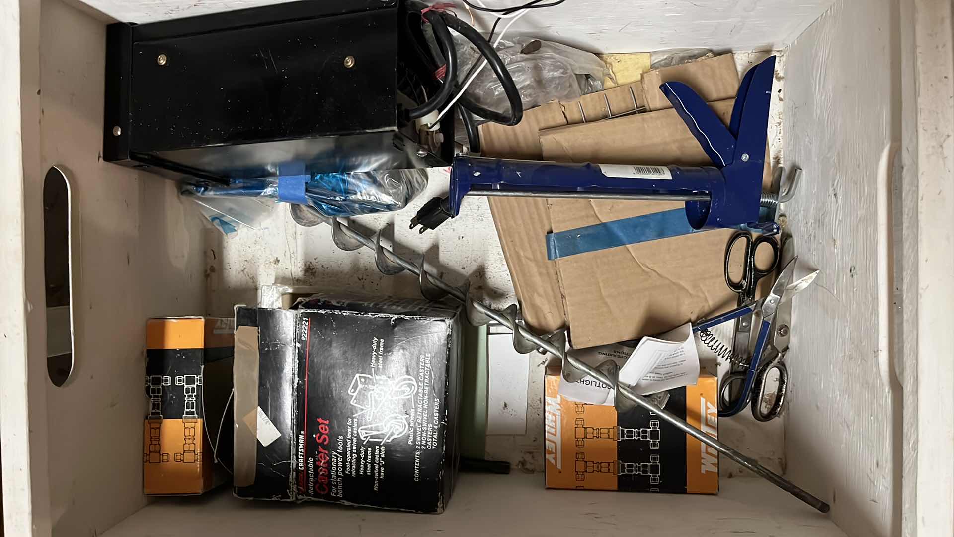 Photo 1 of CUSTOM MADE WHITE FINISH WORK SHOP ROLLING CRATES (2) W CONTENTS INCLUDED 16.5” X 23.5” H14”