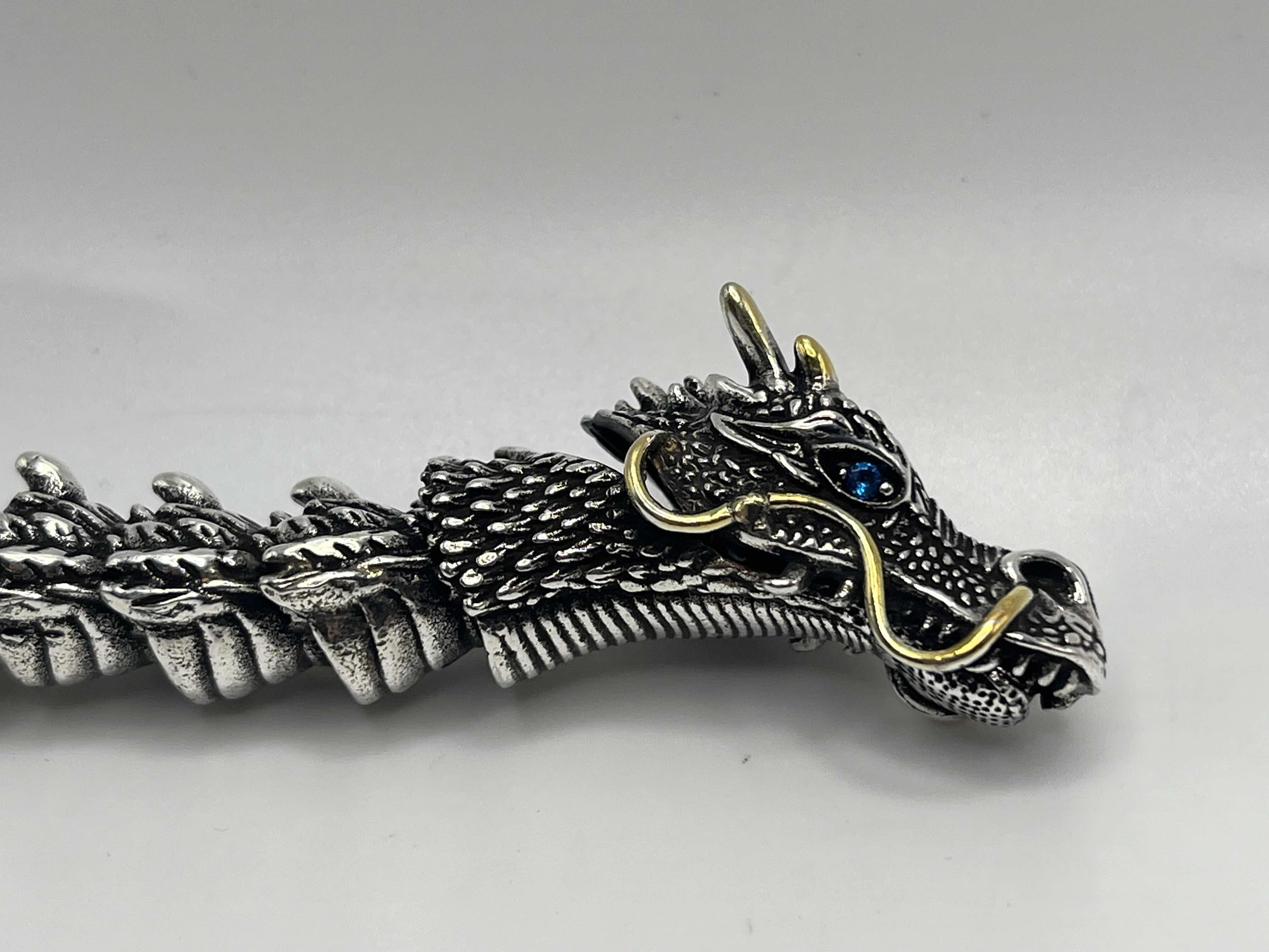 Photo 1 of DRAGON SILVER & GOLD FINISH BRACELET SIZE 8.5” W AGED WOOD STYLE BOX