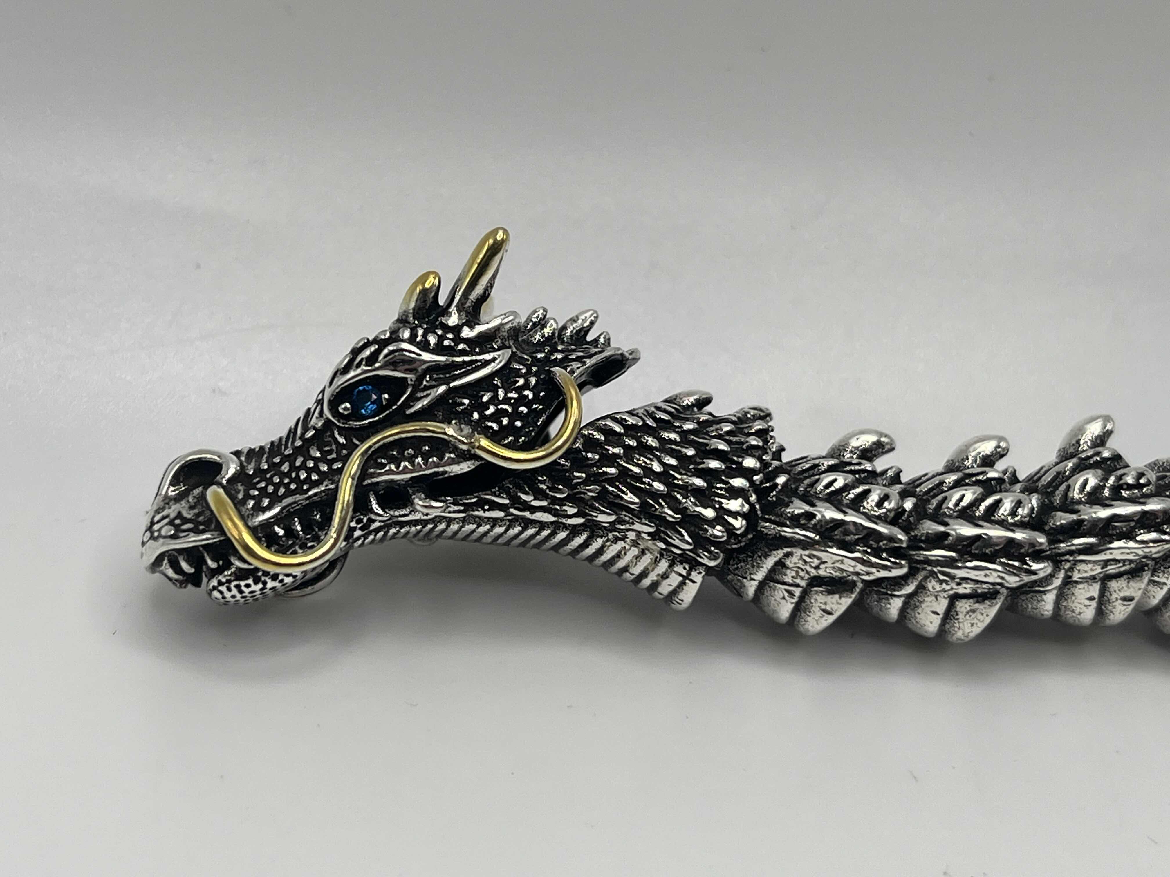 Photo 1 of DRAGON SILVER & GOLD FINISH BRACELET SIZE 8.5” W AGED WOOD STYLE BOX