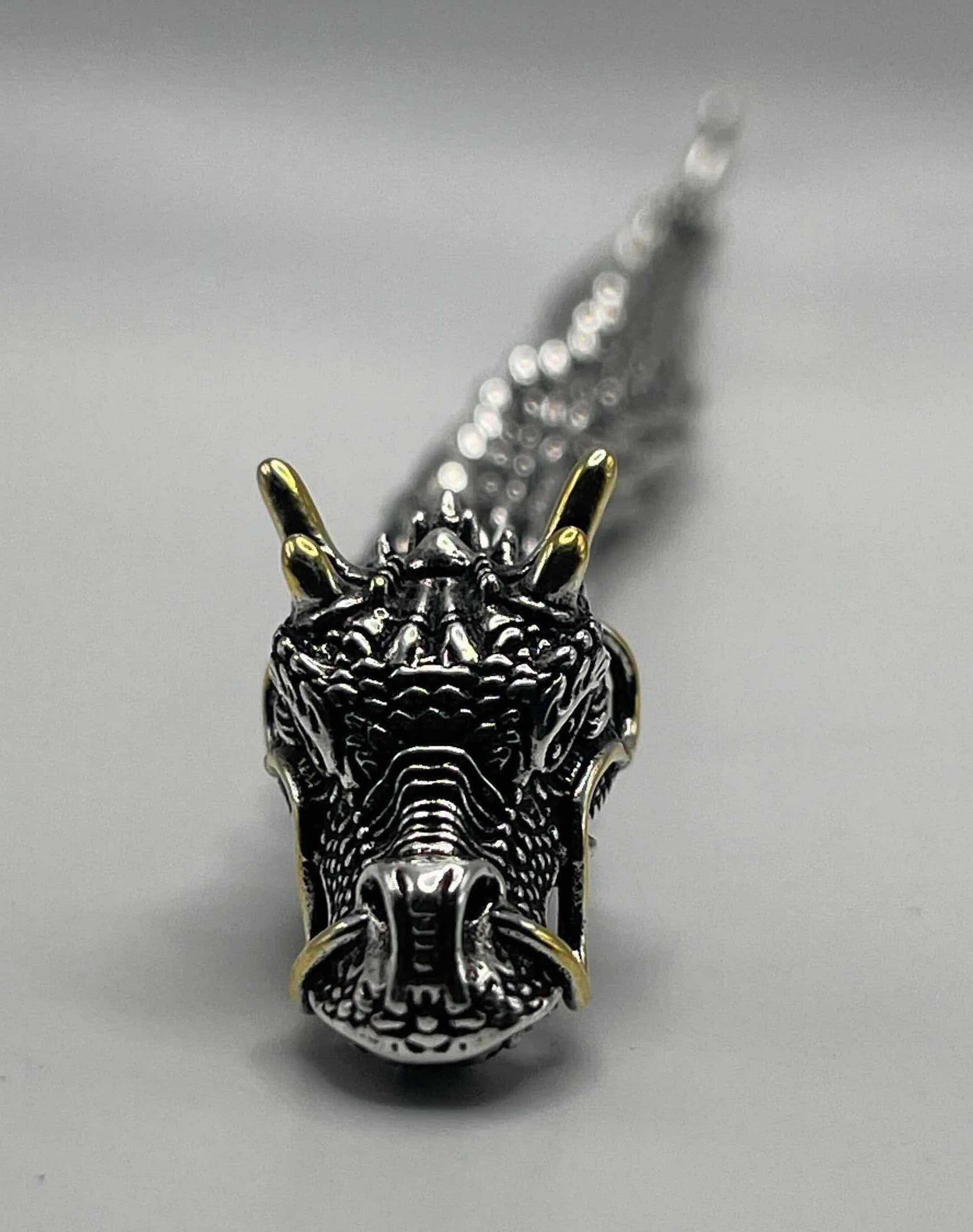 Photo 1 of DRAGON SILVER & GOLD FINISH BRACELET SIZE 8.5” W AGED WOOD STYLE BOX