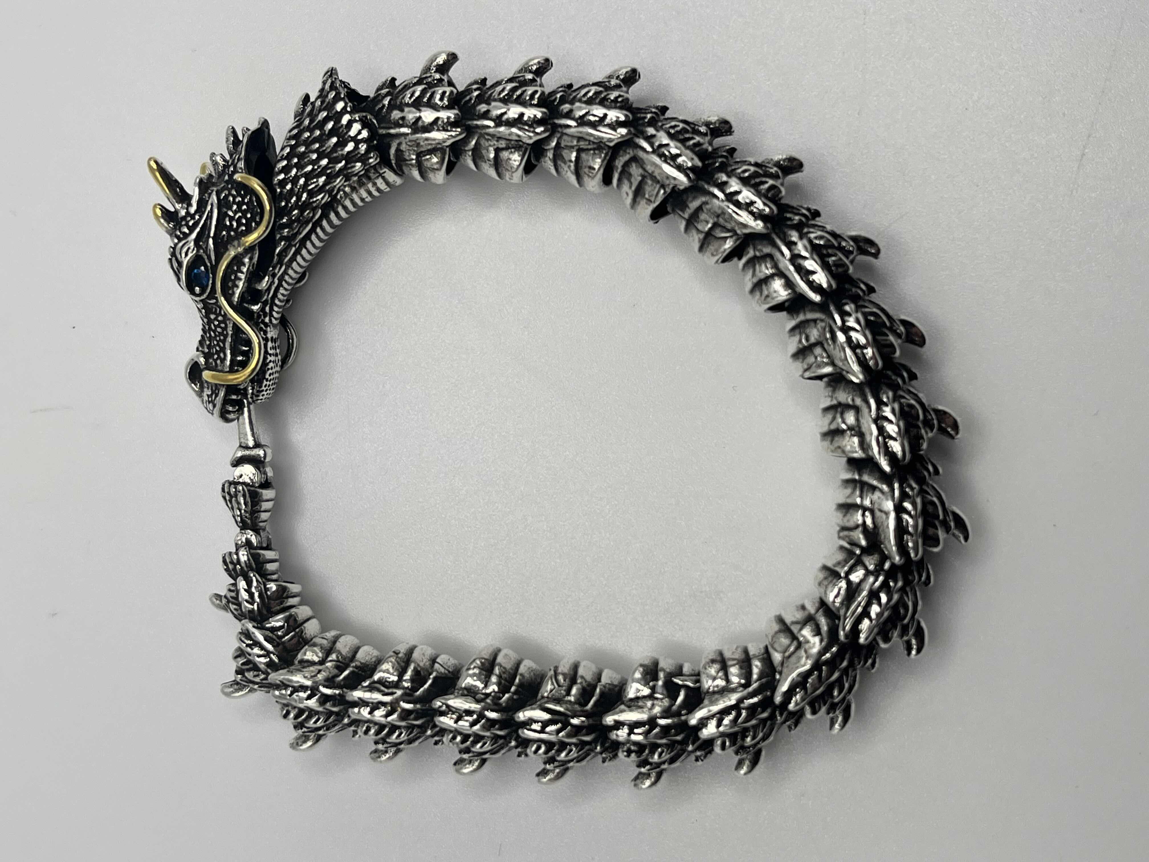 Photo 1 of DRAGON SILVER & GOLD FINISH BRACELET SIZE 8.5” W AGED WOOD STYLE BOX