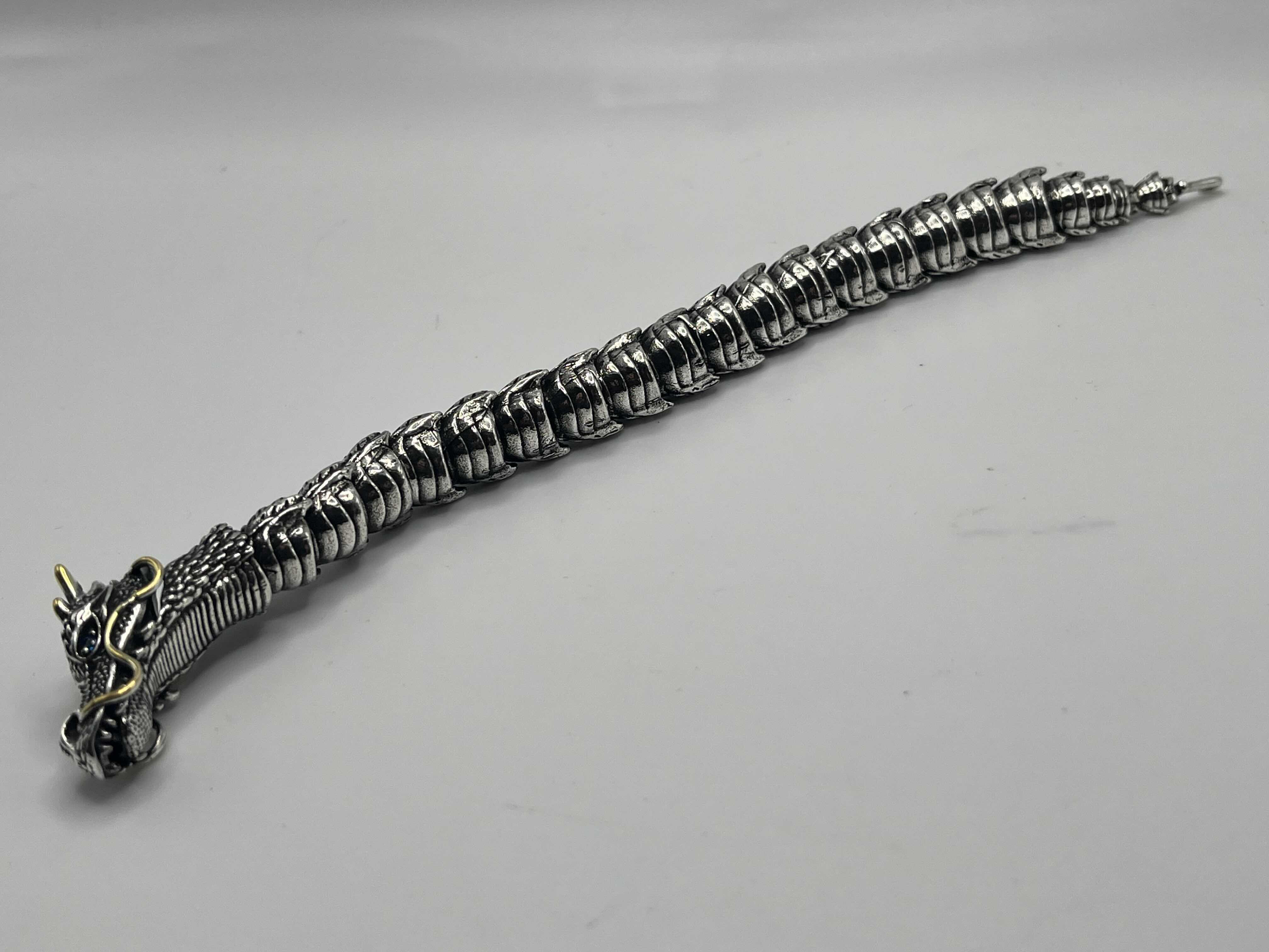 Photo 1 of DRAGON SILVER & GOLD FINISH BRACELET SIZE 8.5” W AGED WOOD STYLE BOX