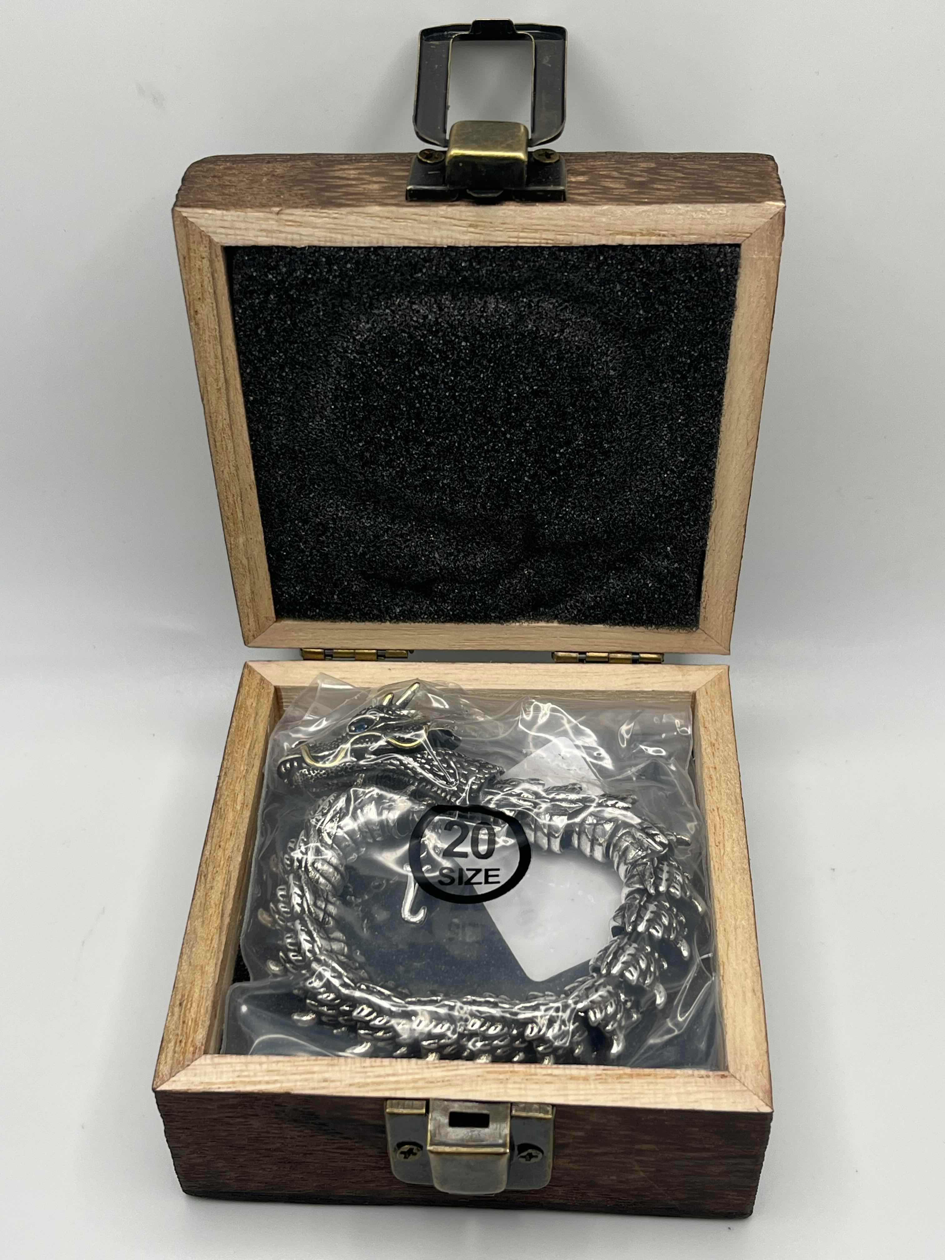 Photo 1 of DRAGON SILVER & GOLD FINISH BRACELET SIZE 8.5” W AGED WOOD STYLE BOX