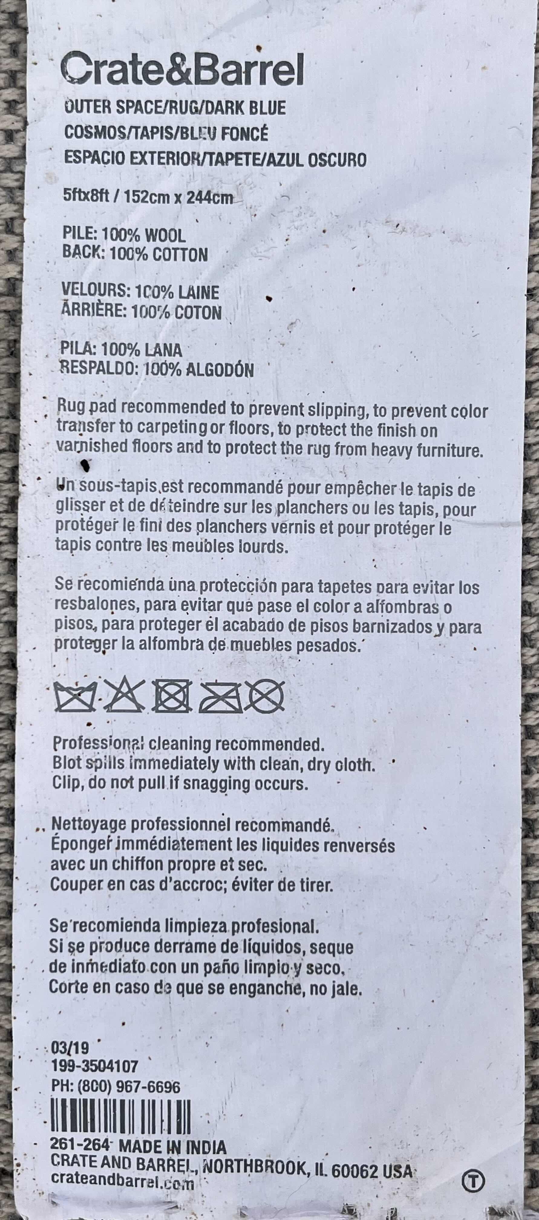 Photo 1 of CRATE & BARREL OUTER SPACE DARK BLUE WOOL AREA RUG 61” X 96”