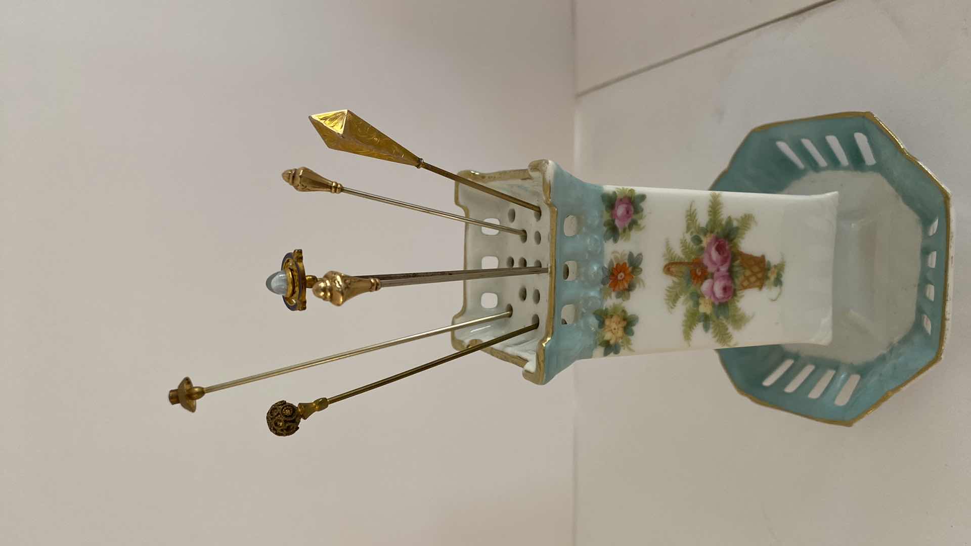 Photo 1 of VINTAGE PORCELAIN FACE DOLL H6.5” AND ROYAL PAYREUTH BAVARIA HAT PIN HOLDER