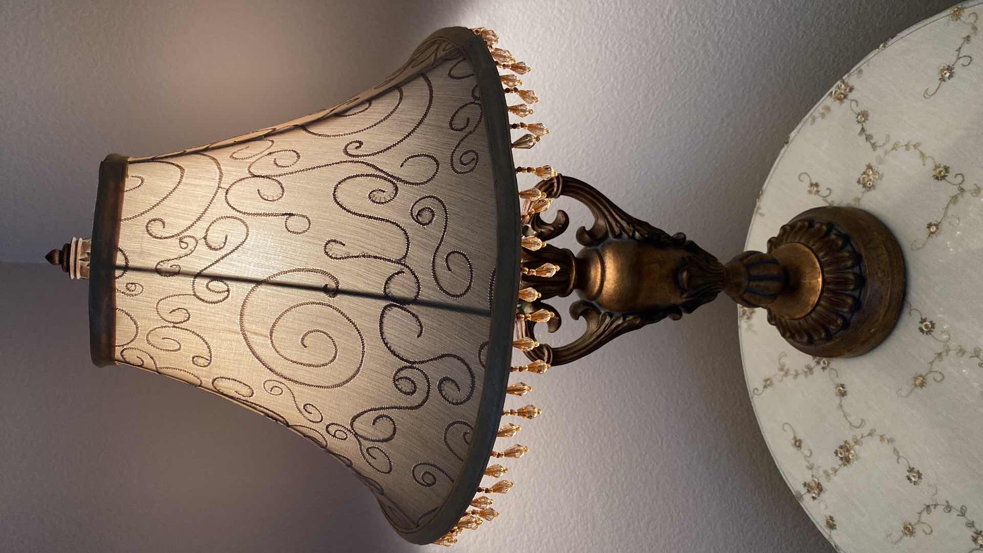 Photo 1 of GLASS TOP TABLE WITH SKIRT DIAMETER 20” X H25" AND TABLE LANP H26”