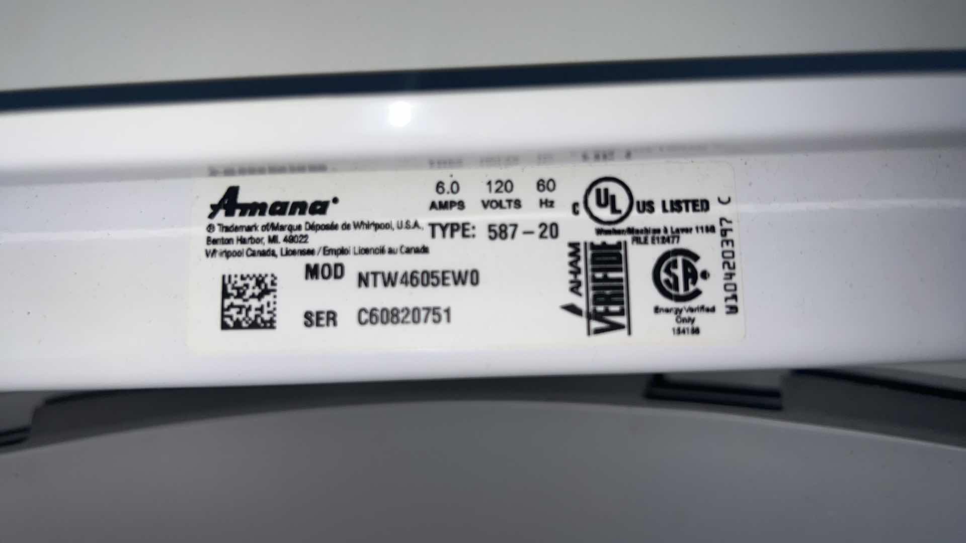 Photo 1 of WHITE AMANA WASHING MACHINE