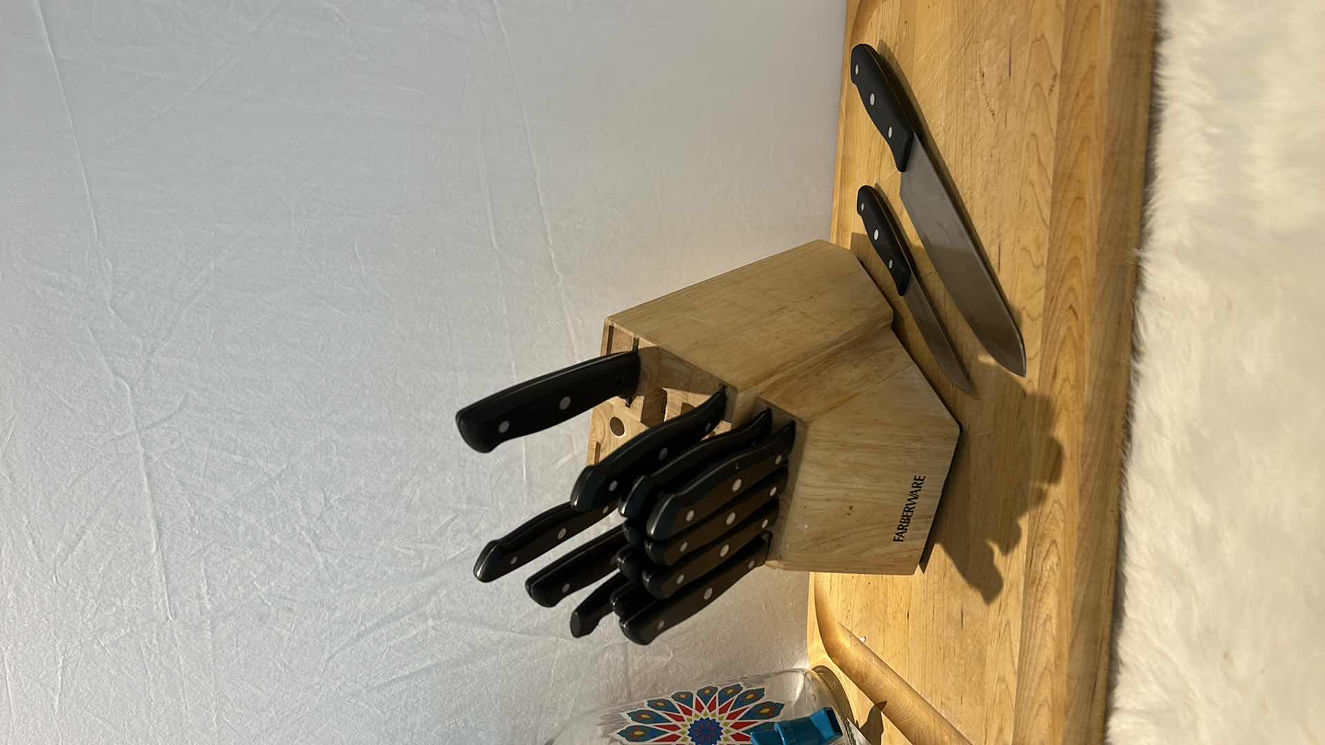 Photo 1 of KITCHEN ASSORTMENT - WOOD CUTTING BOARD, KNIFE SET AND MORE