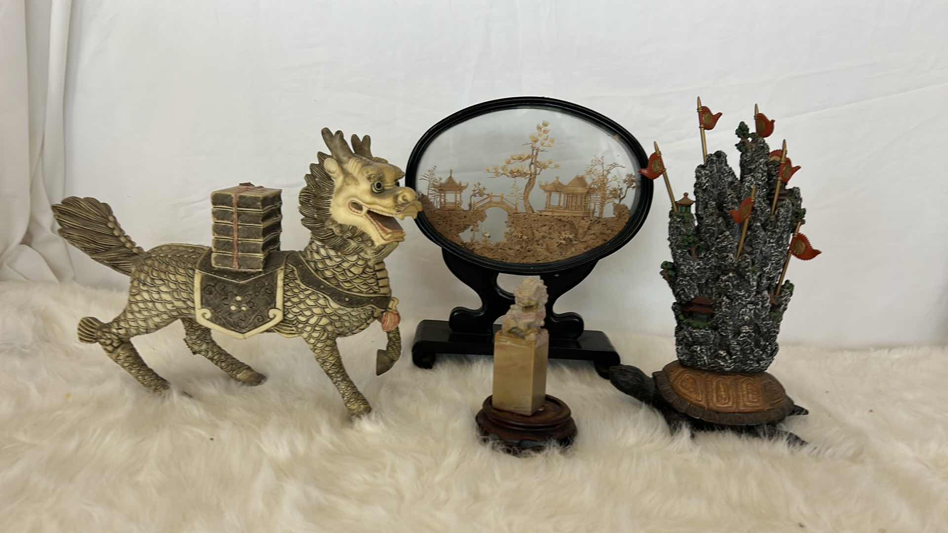 Photo 1 of 4 PC - ASIAN DECOR - VINTAGE DIORAMA 9.5", FOO DOG STATUE AND MORE