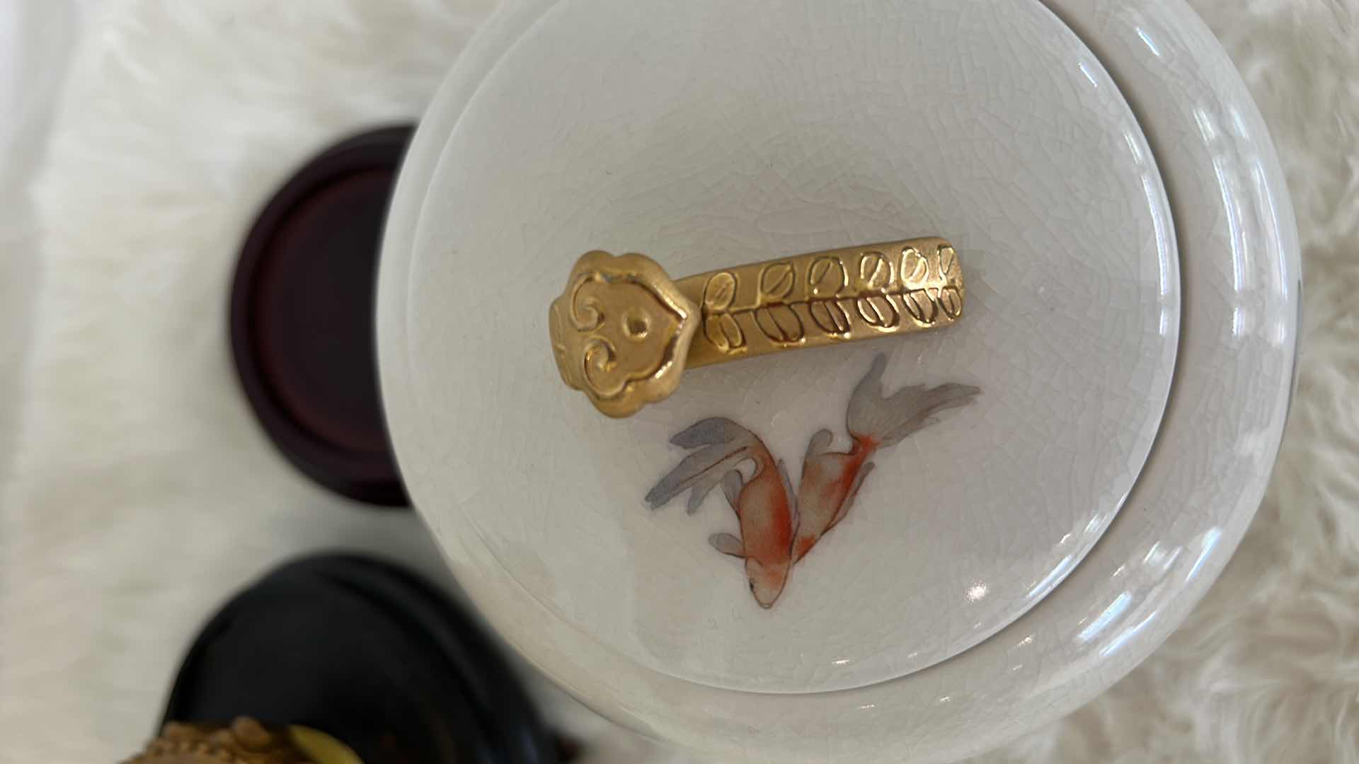 Photo 4 of 3 PC ASIAN DECOR GOLDEN STATUE, FOO DOG AND PORCELAIN GINGER JAR (TALLEST 9.5”)