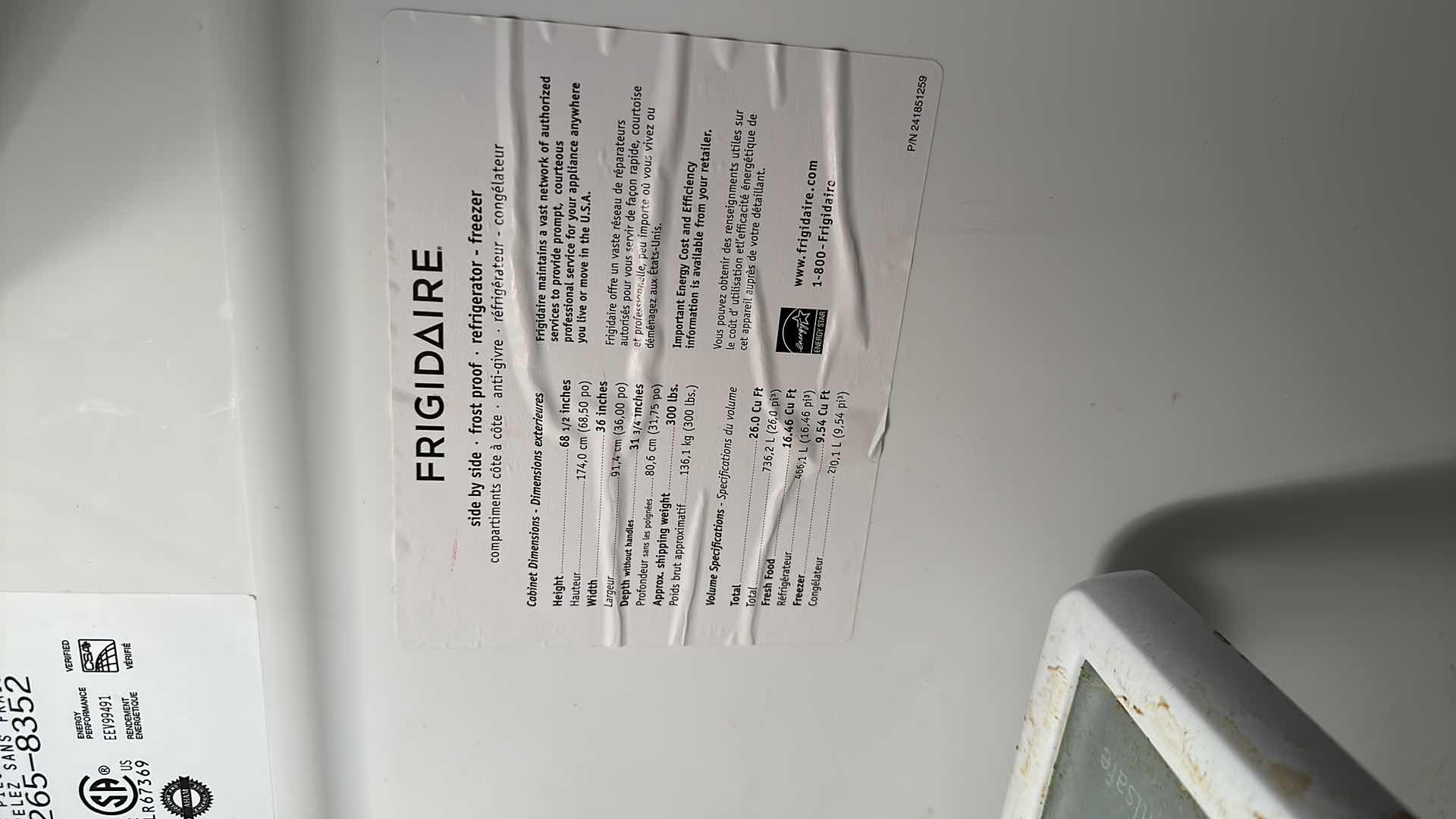 Photo 1 of SS FRIGIDAIRE SIDE BY SIDE REFRIGERATOR FREEZER