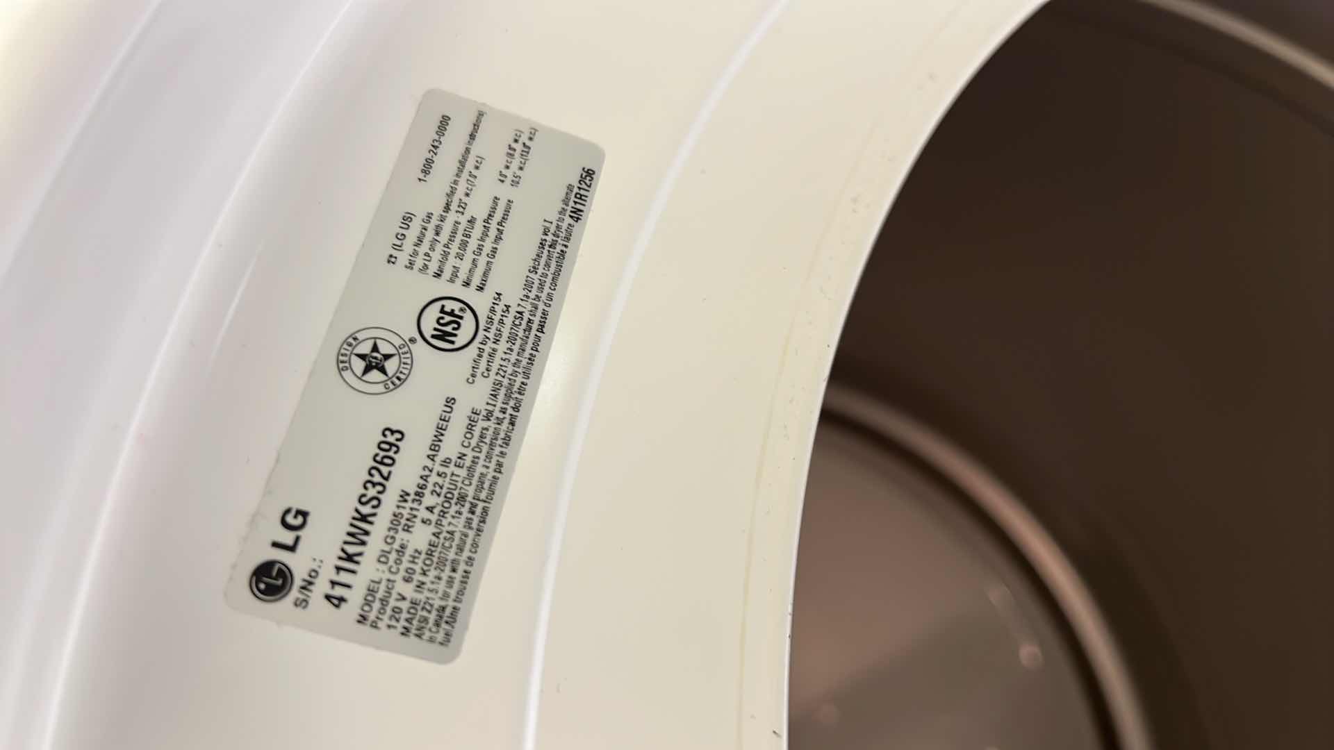 Photo 1 of WHITE LG FRONT LOAD DRYER (LIKE NEW) MODEL #DLG3051W