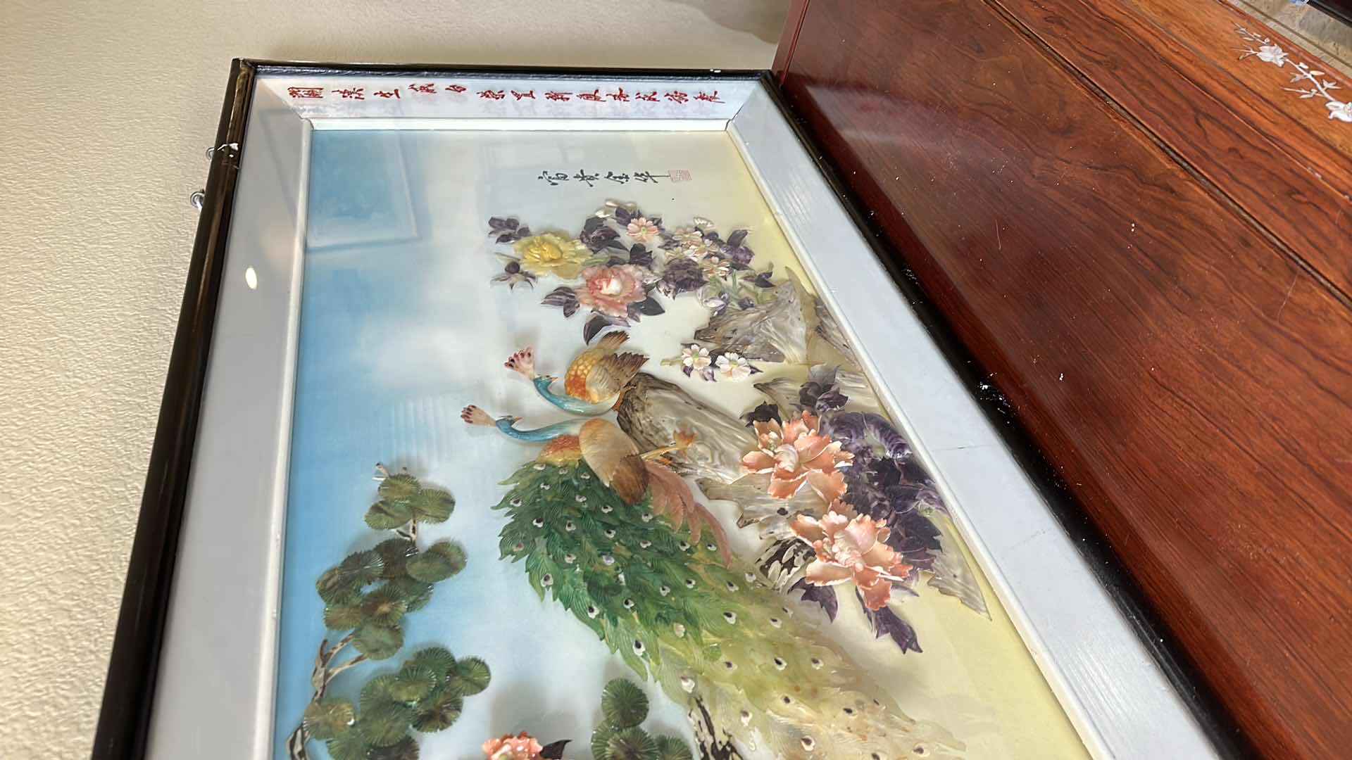 Photo 6 of FRAMED ASIAN SEMI PRECIOUS AND MOTHER OF PEARL 3D ARTWORK  43" X 24" 