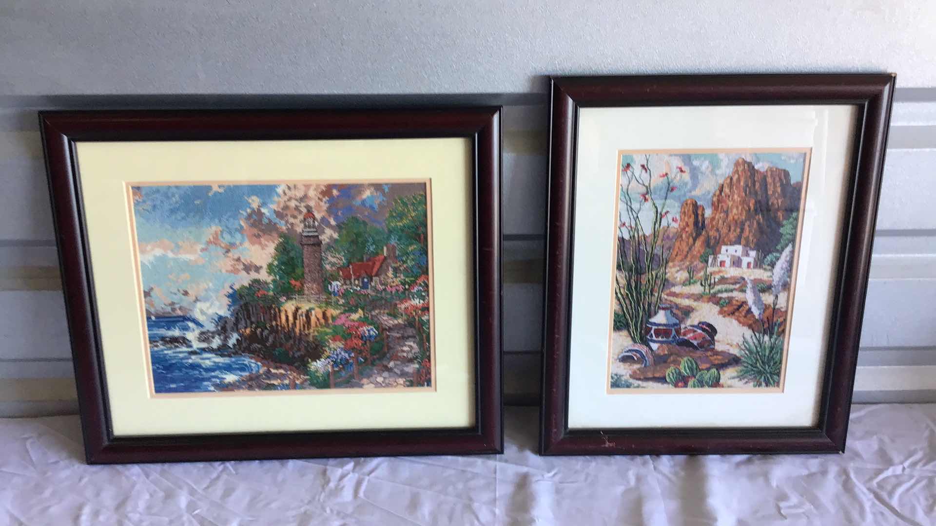 Photo 1 of SOUTHWEST MESA & LIGHT OF PEACE COUNTED CROSS STITCH THOMAS KINKADE NEEDLEPOINTS FRAMED 18” X 15”