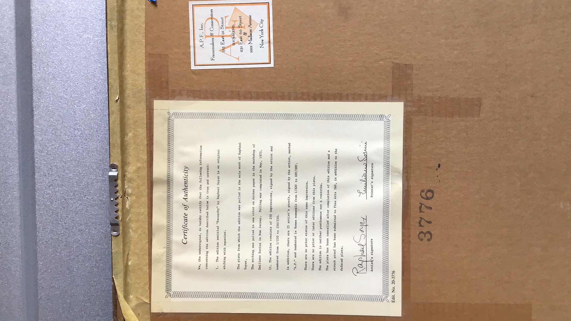 Photo 1 of AUTHENTIC RAPHAEL SOYER PASSERBY AQUATINT FRAMED 22” X 19”