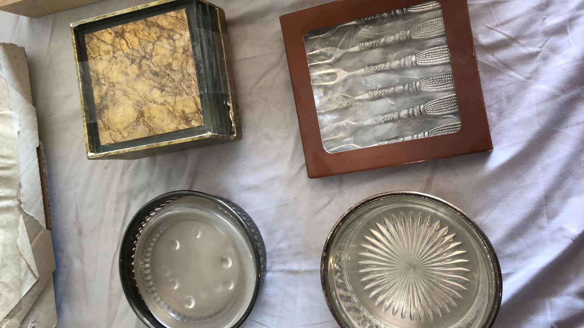 Photo 3 of VINTAGE DINING BUNDLE - SILVER PLATED SILVERWARE, GOLDEN PUPPY COLLECTORS PLATE, 2 BEAUTIFUL TEAPOTS, COASTERS