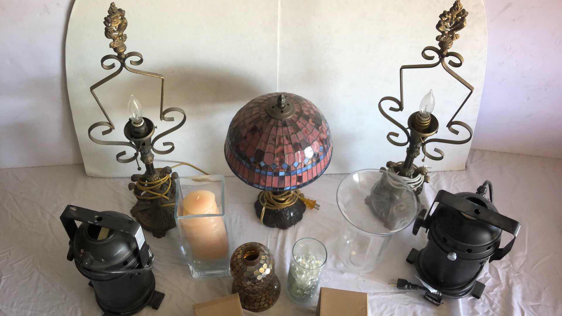 Photo 1 of ASSORTED HOME LIGHTING AND DECOR BUNDLE 3 LAMPS, 2 AMERICAN DJ LIGHTS, WALL BRACKET SCONCES, ETC