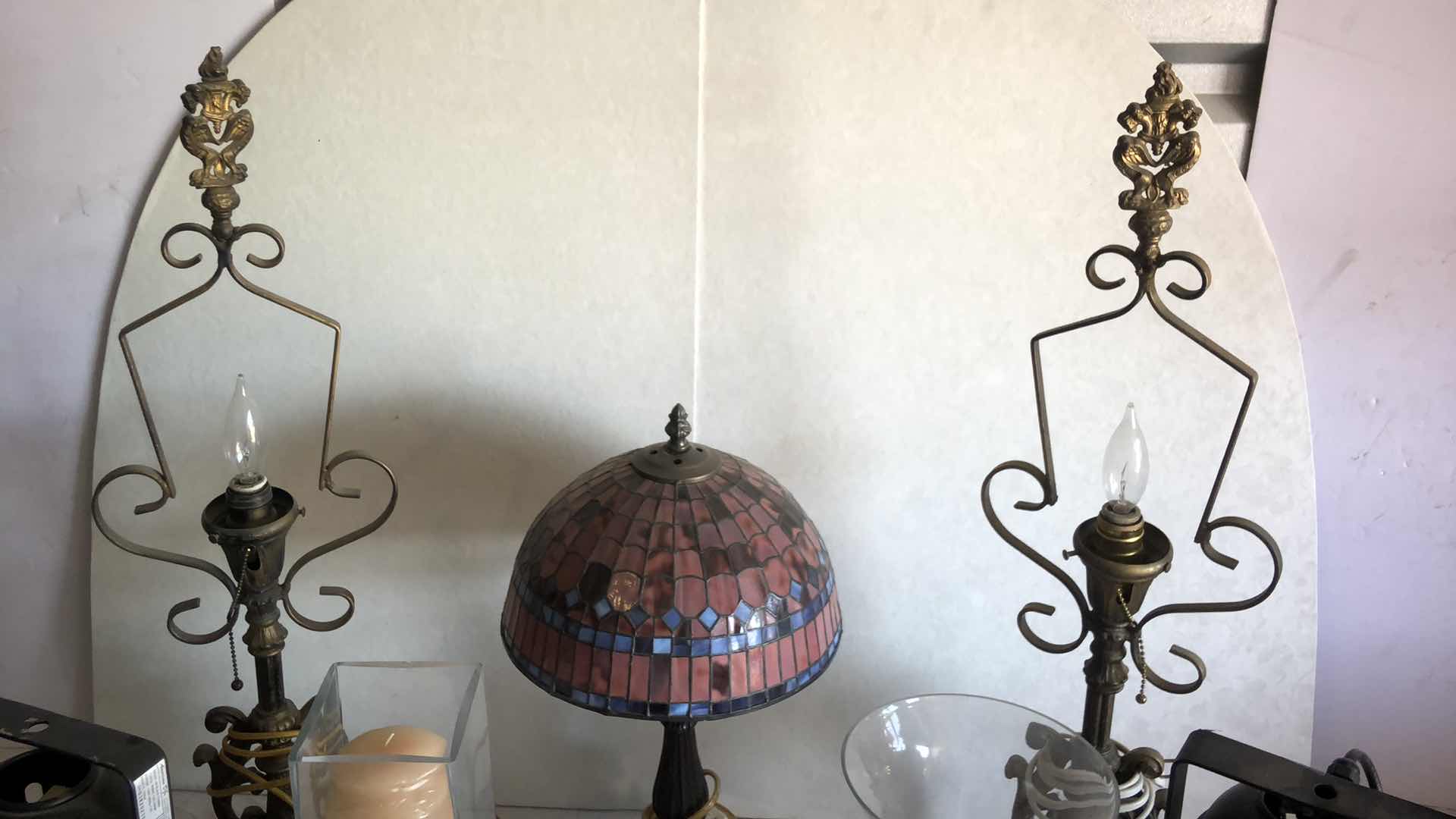 Photo 1 of ASSORTED HOME LIGHTING AND DECOR BUNDLE 3 LAMPS, 2 AMERICAN DJ LIGHTS, WALL BRACKET SCONCES, ETC