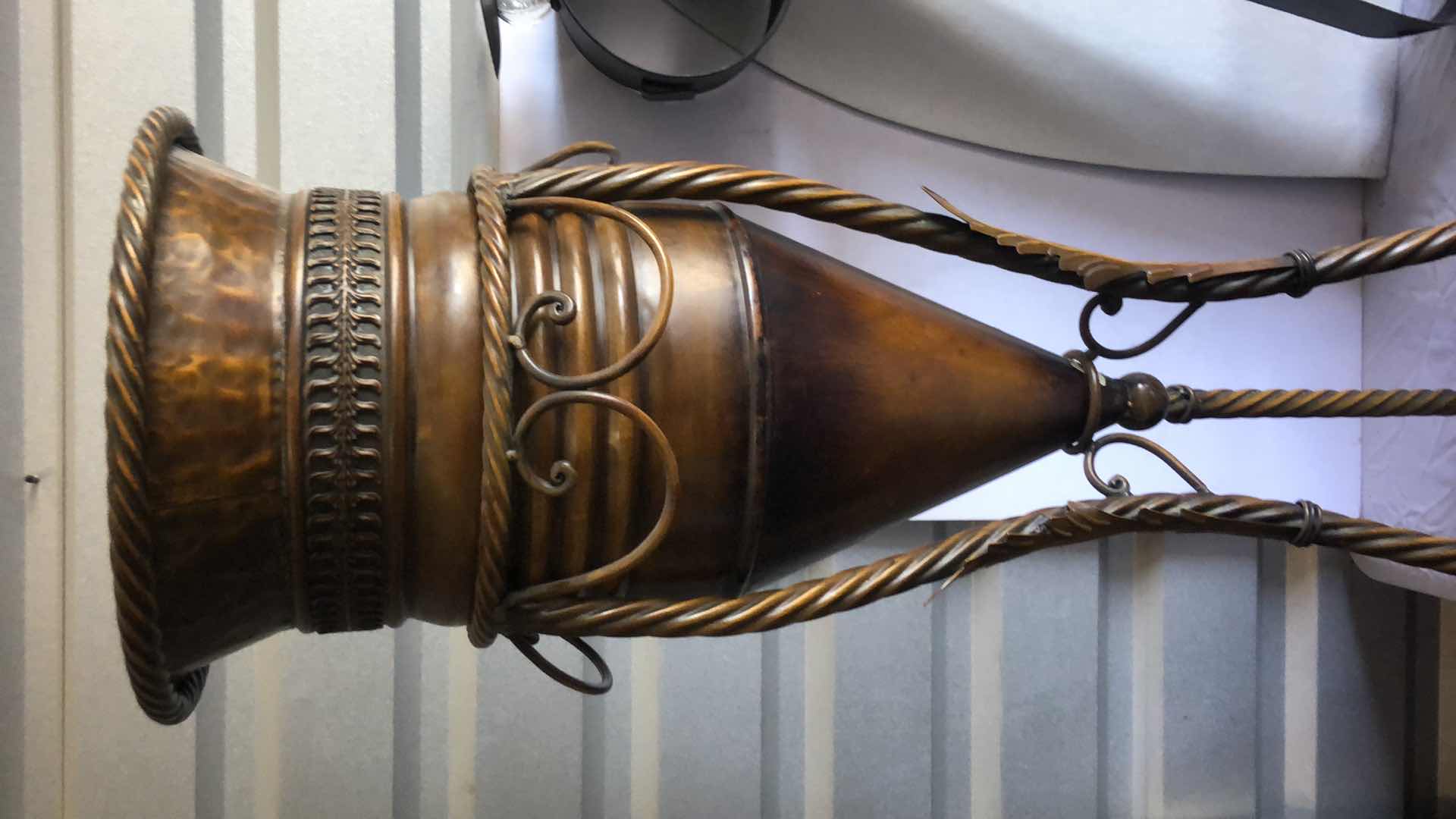 Photo 2 of 2-BLACK METAL HANGING WALL CANDLE SCONCES, GOLD HOME DECOR, 2-COPPER TALL VASES, & ADJUSTABLE HEIGHT BAR STOOL