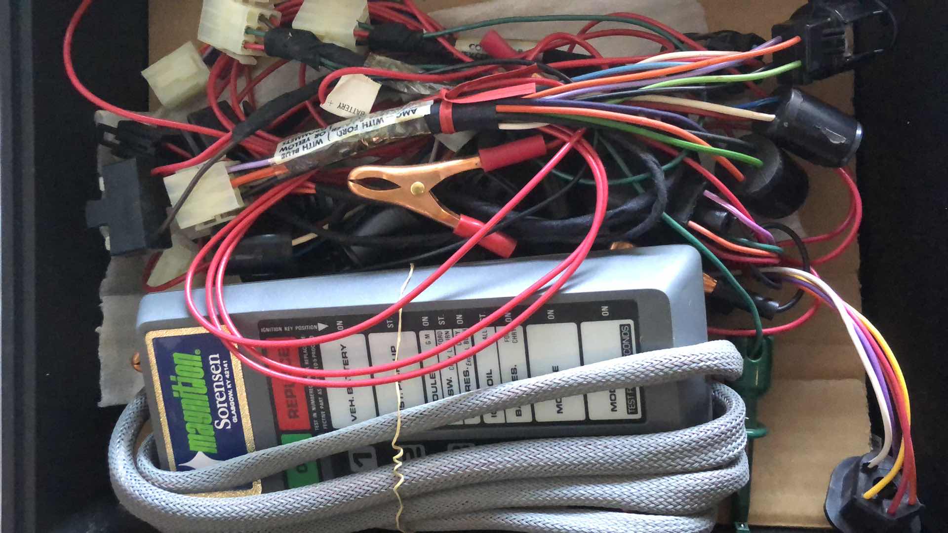 Photo 1 of SORENSEN MAGNITION IGNITION TESTER, LARGE ASSORTMENT OF SCREWS, NUTS, BOLTS, BUNDLE OF STEEL CABLE