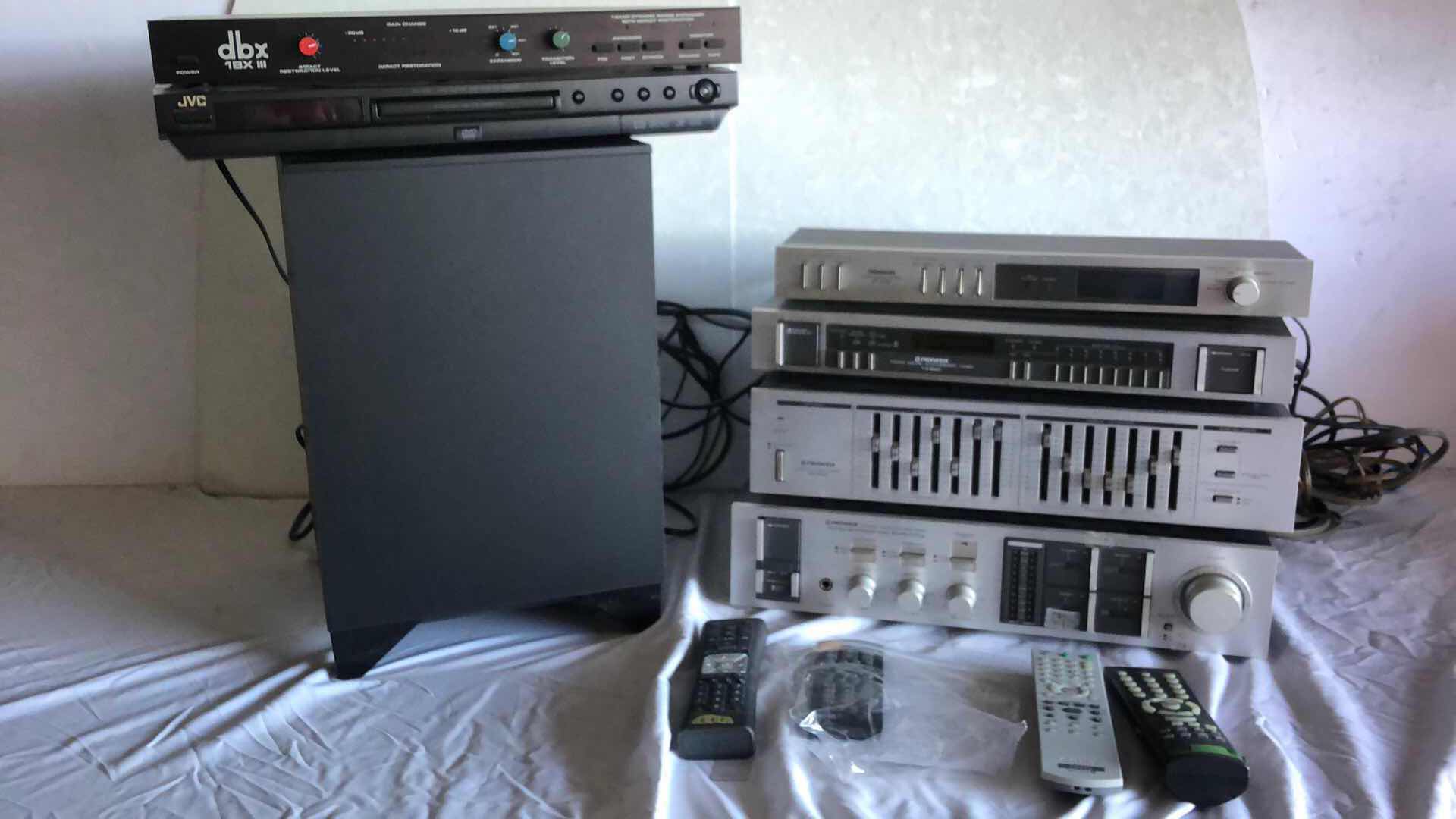 Photo 1 of ELECTRONIC ASSORTMENT SONY ACTIVE SUBWOOFER, PIONEER, AMP, EQUALIZER, TUNER & TIMER, DBX RANGE EXPANDER, JVC DVD PLAYER W REMOTES