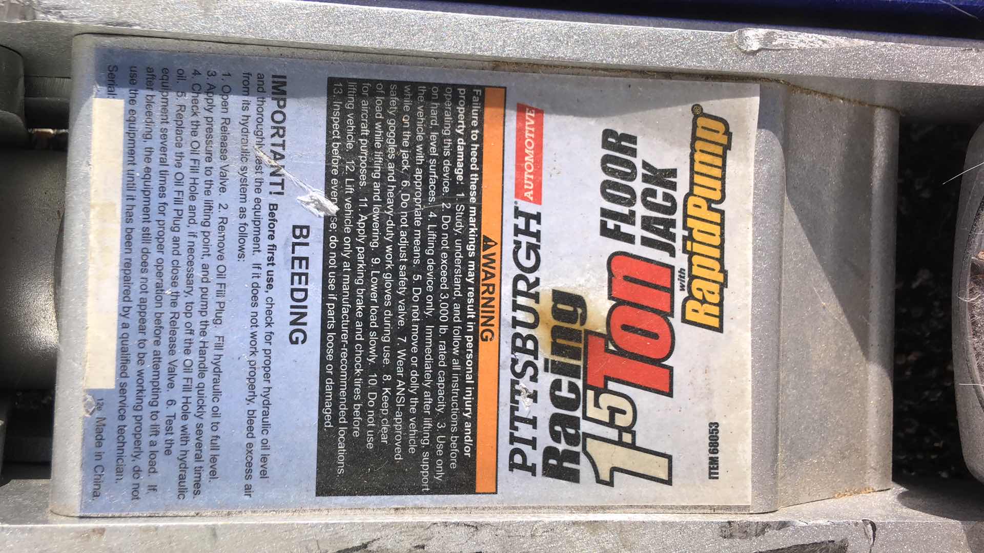 Photo 1 of PITTSBURGH AUTOMOTIVE 1.5 TON RAPID PUMP FLOOR JACK