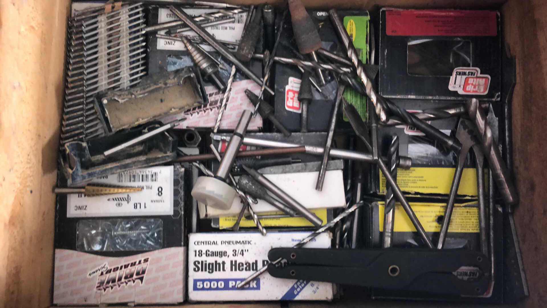 Photo 1 of BIS CRATE FULL OF ASSORTED DRILL BITS, TOOLS, NAILS