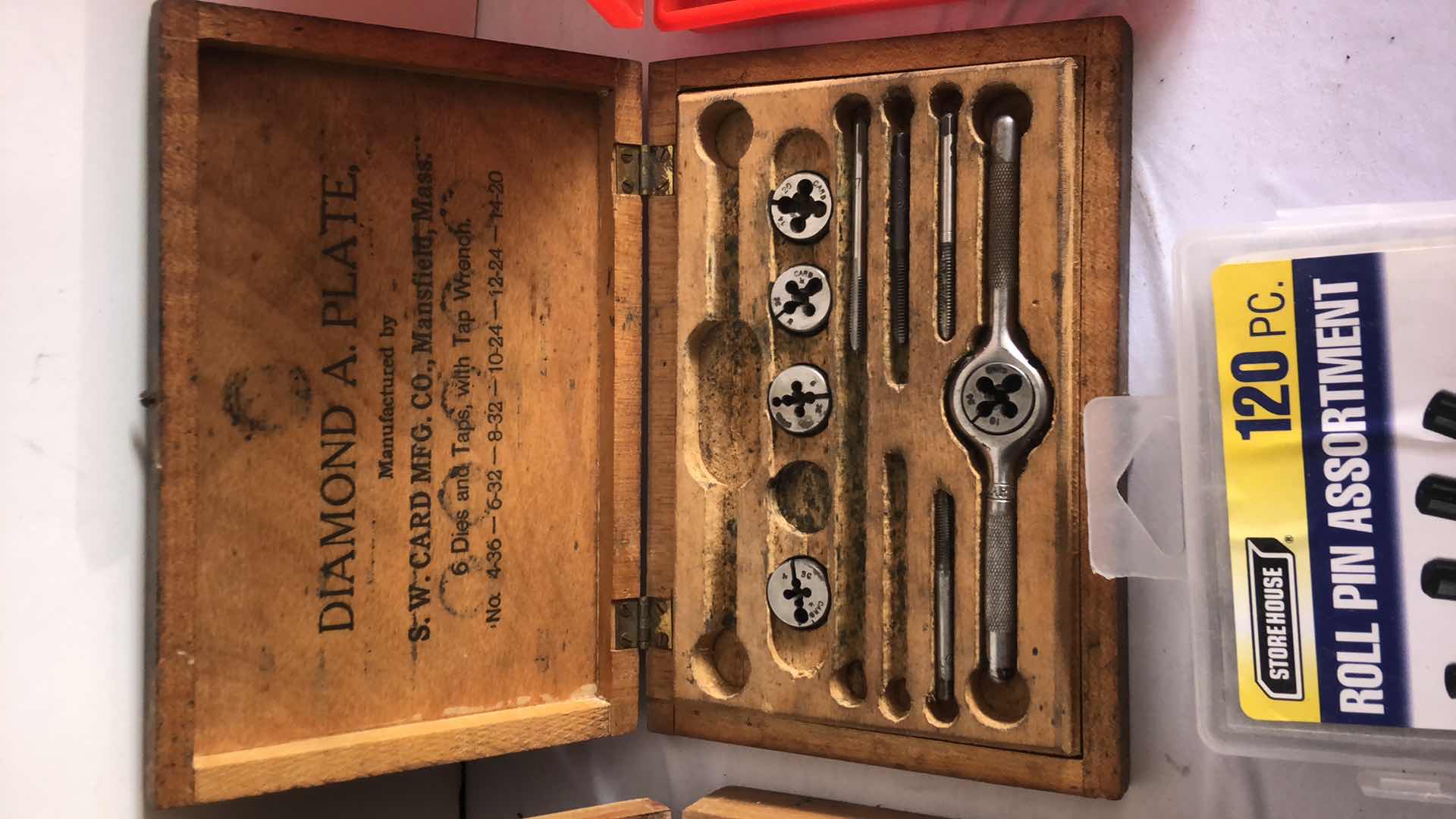 Photo 1 of 3 ASSORTED DIE AND TAP SETS WITH BOX OF STOREHOUSE ROLL PINS