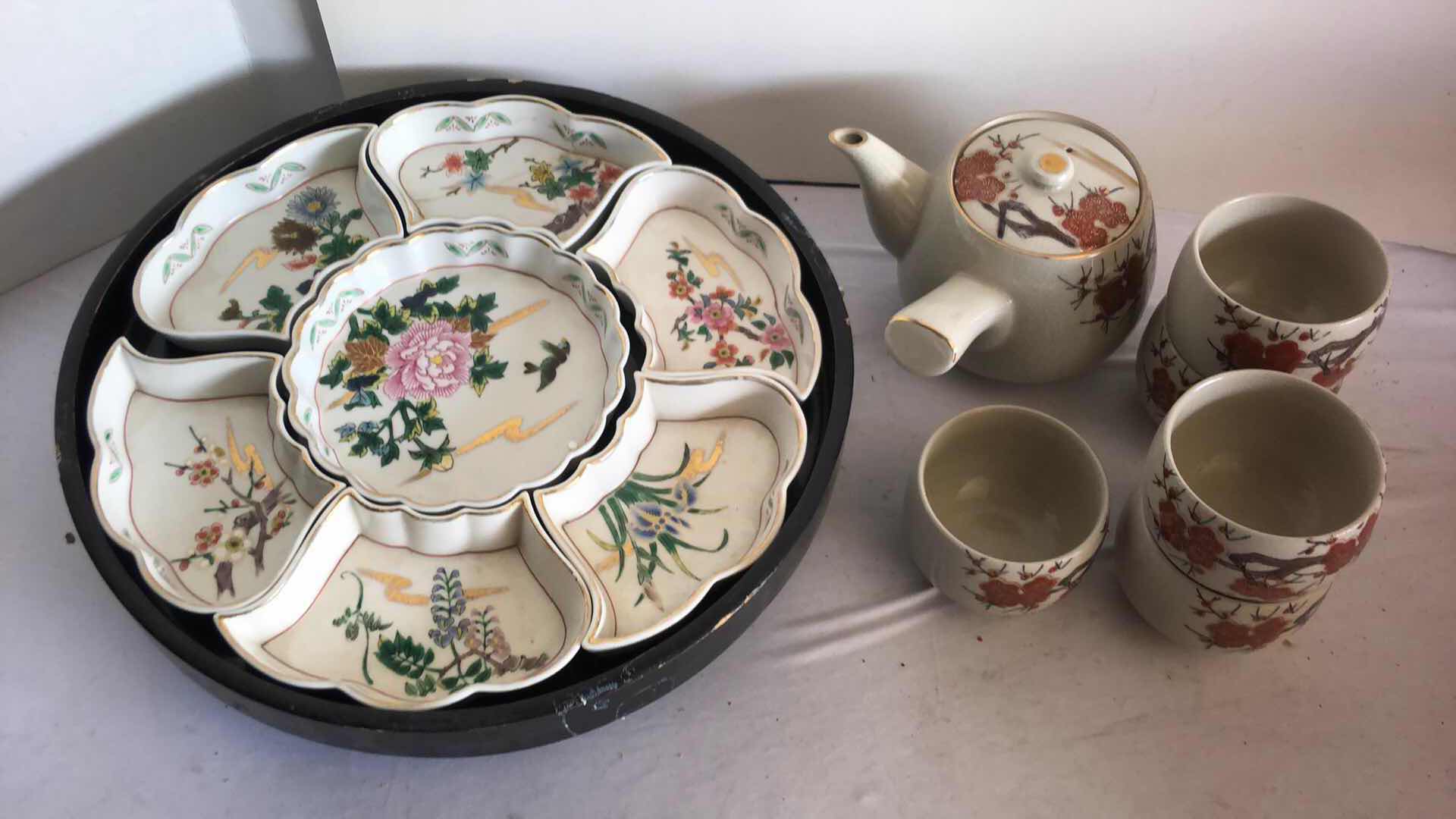 View 1 of TEA POT W 5 CUPS AND SERVING CHINA ON LAZY SUZAN