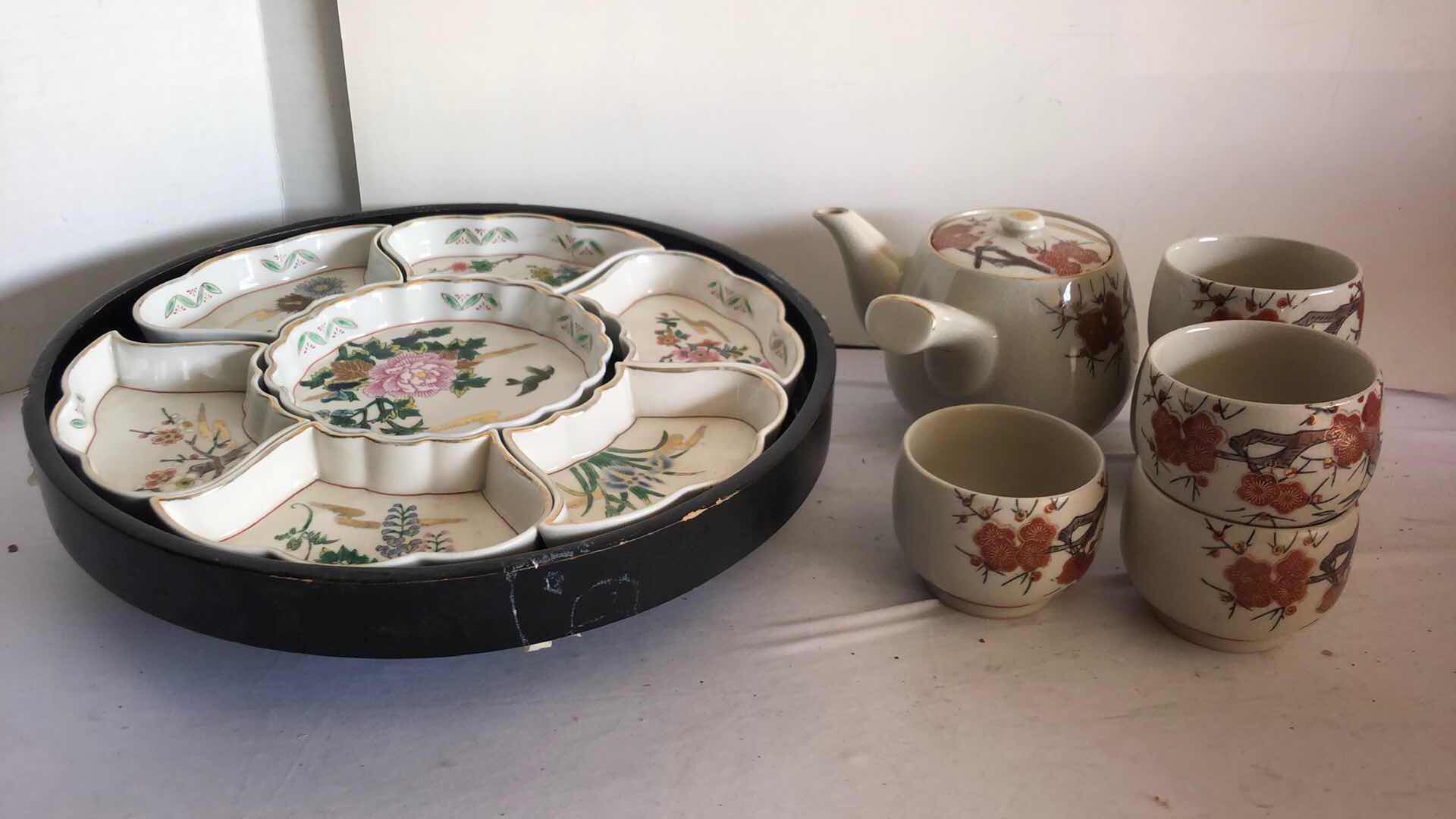 View 2 of TEA POT W 5 CUPS AND SERVING CHINA ON LAZY SUZAN