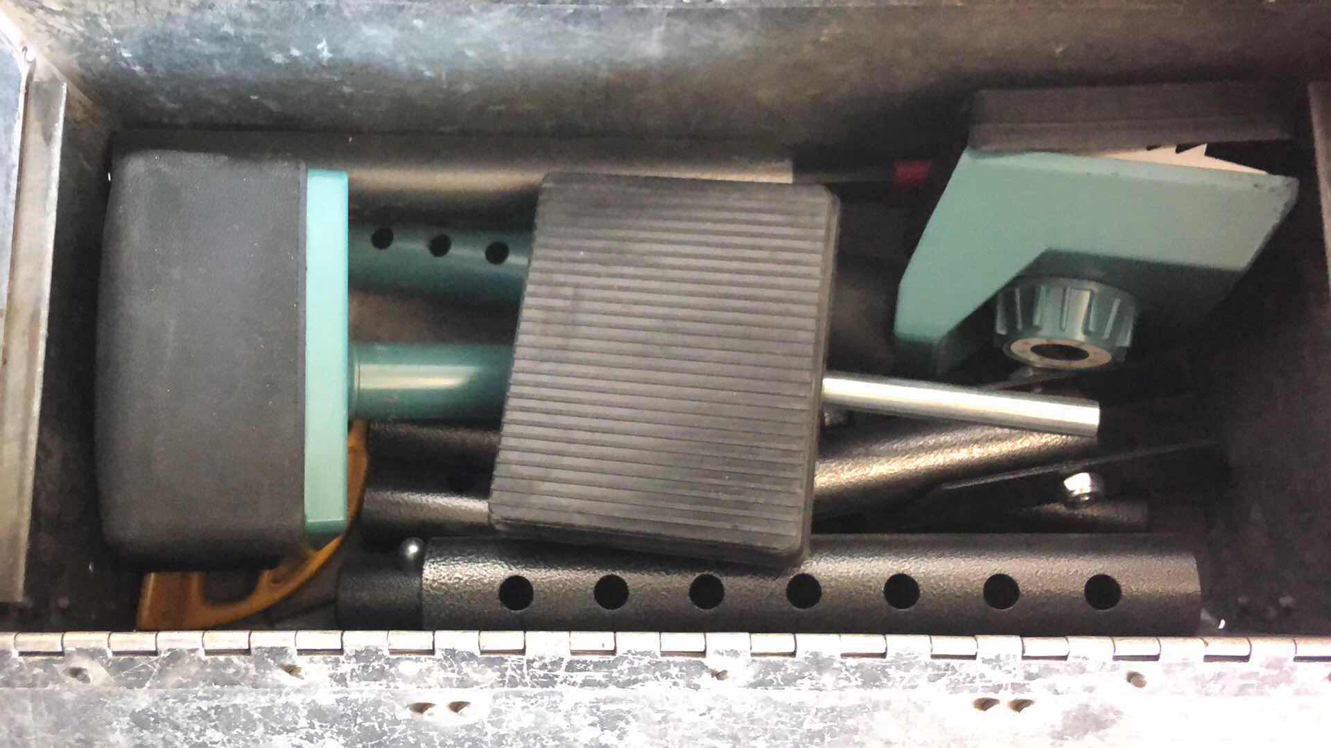 Photo 1 of LARGE METAL TOOL BOX WITH ASSORTED TOOLS AND PITTSBURGH ELECTRIC CARPET STRETCHER