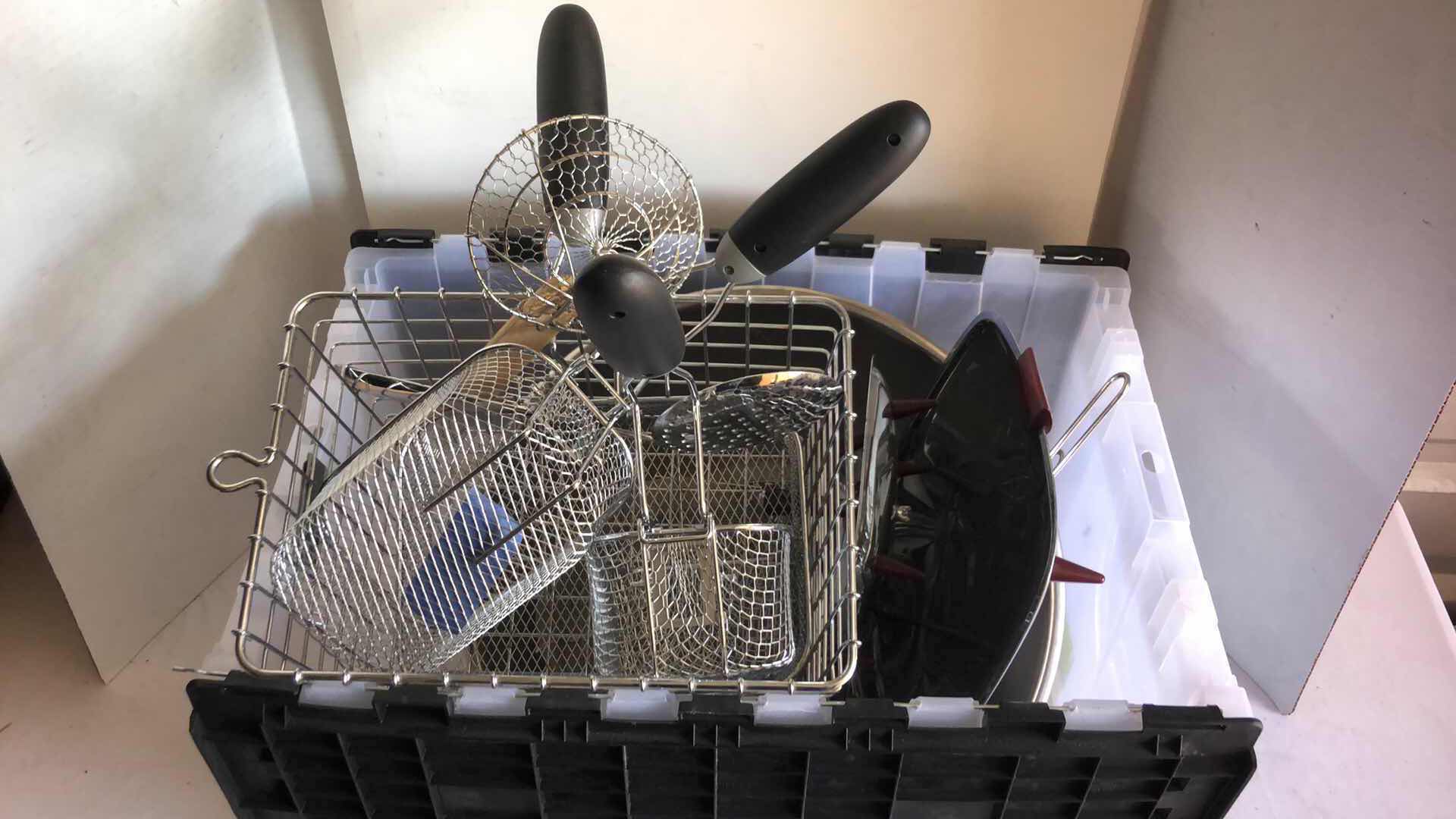 Photo 1 of ASSORTMENT OF KITCHEN TOOLS FRYER BASKETS, BOWLS ETC