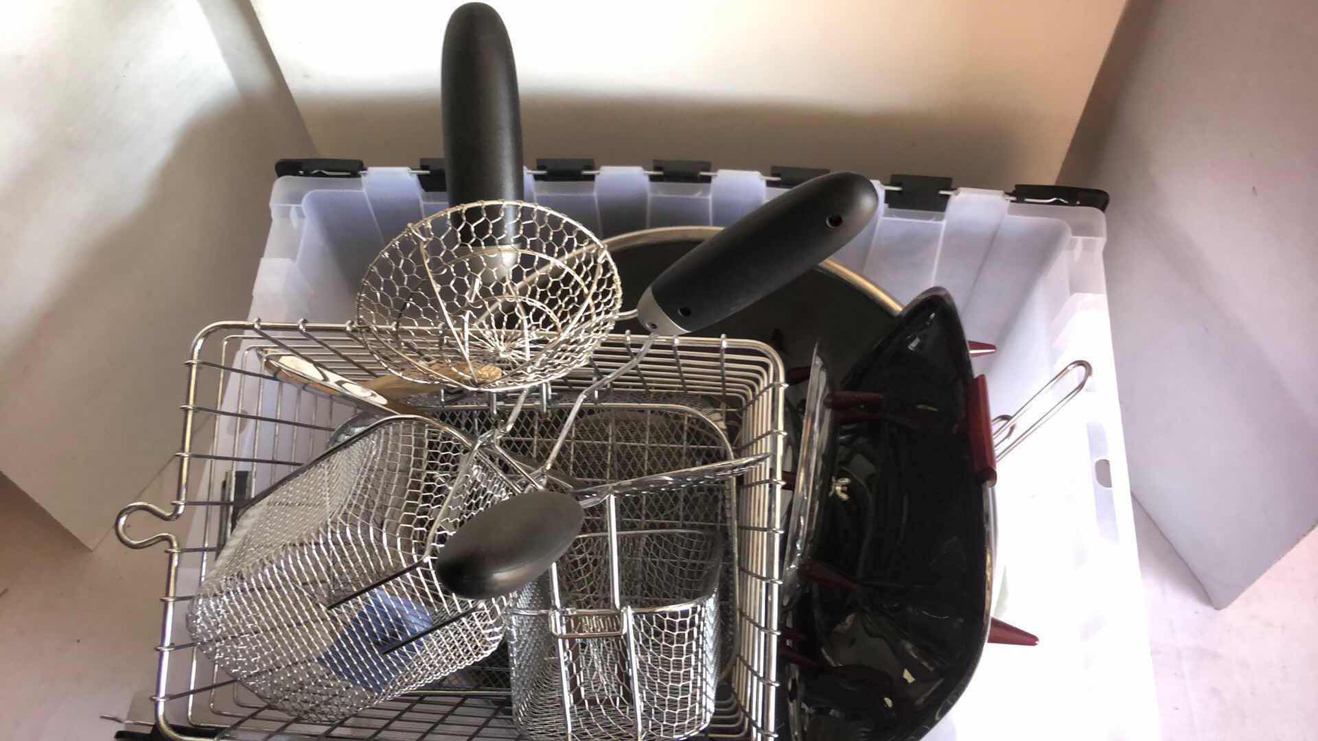 Photo 1 of ASSORTMENT OF KITCHEN TOOLS FRYER BASKETS, BOWLS ETC