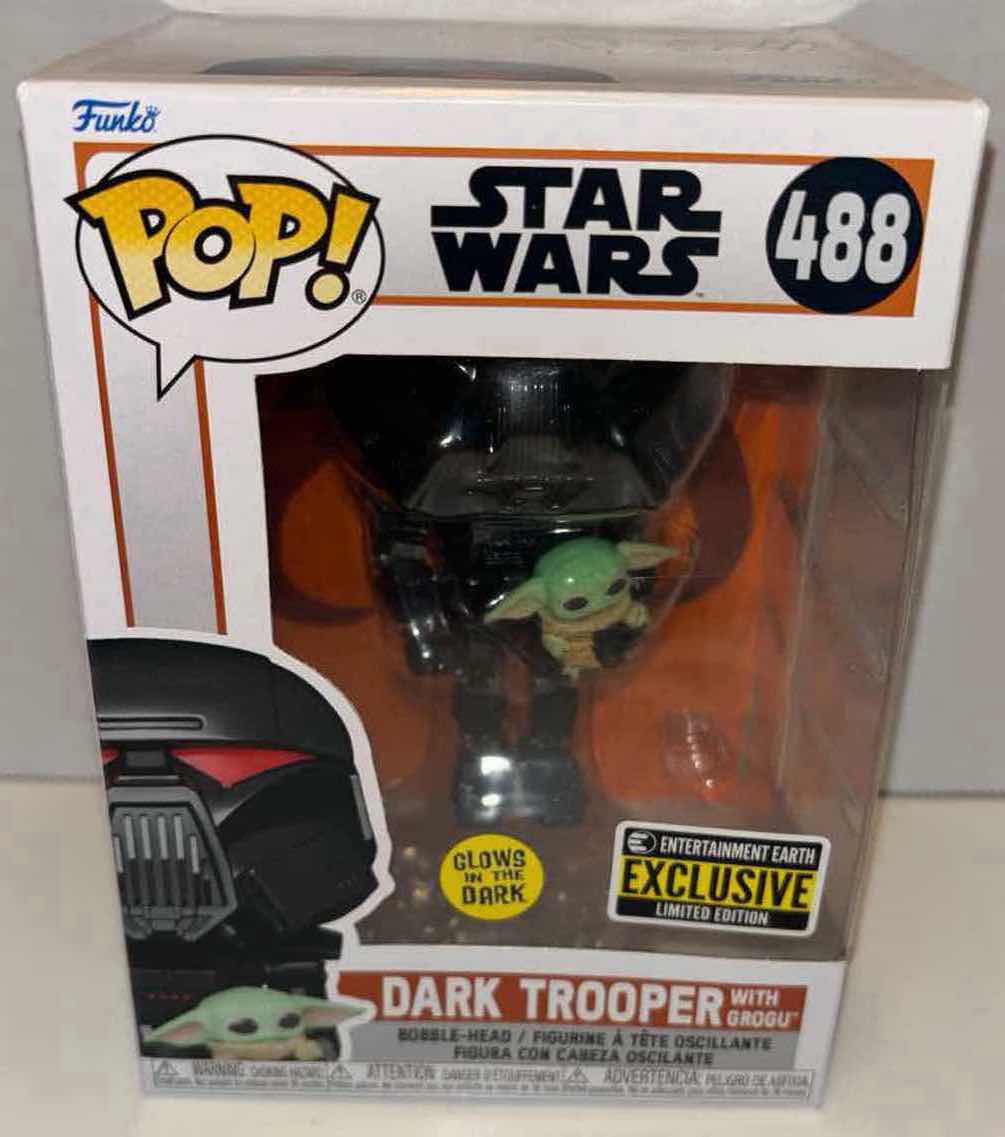 Photo 1 of NEW FUNKO POP! STAR WARS VINYL GLOW IN THE DARK EXCLUSIVE LIMITED EDITION BOBBLEHEAD, #488 DARK TROOPER W GROGU