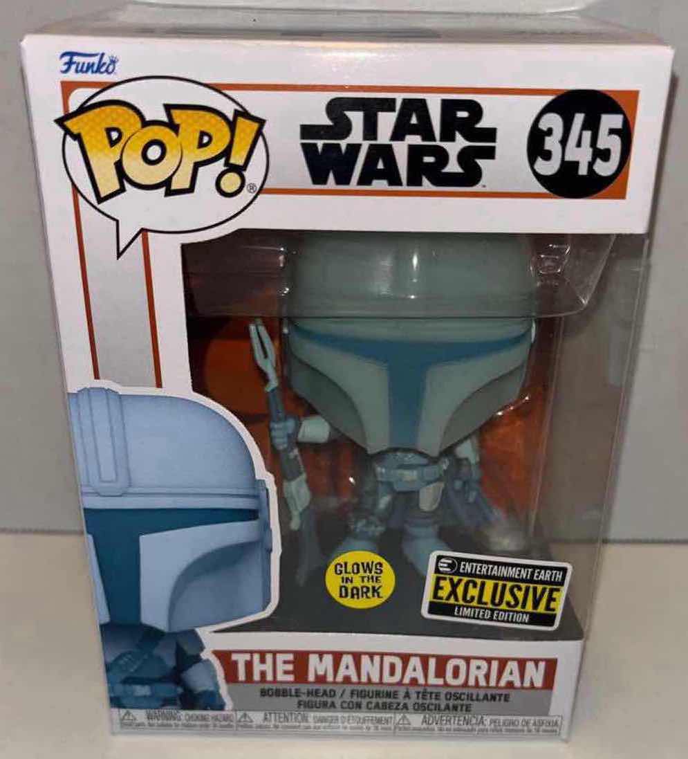 Photo 1 of NEW FUNKO POP! STAR WARS VINYL GLOW IN THE DARK EXCLUSIVE BOBBLEHEAD, #345 “MANDALORIAN HOLOGRAM”