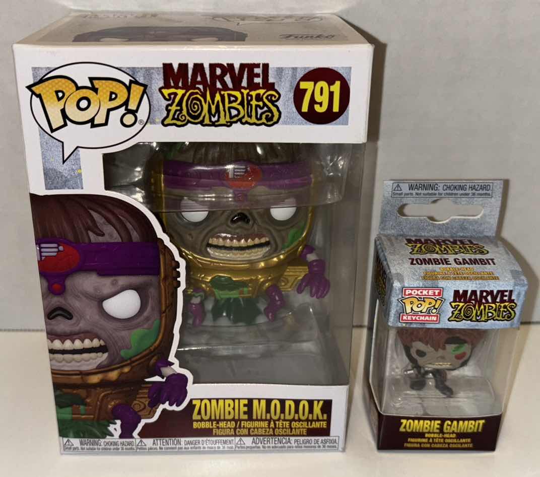 Photo 1 of NEW FUNKO POP! MARVEL ZOMBIES BOBBLEHEAD FIGURE & POCKET POP! BOBBLEHEAD KEYCHAIN, #791 ZOMBIE M.O.D.O.K. & ZOMBIE GAMBIT KEYCHAIN