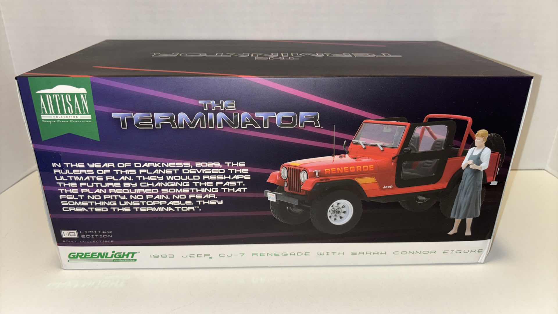 Photo 1 of NEW GREENLIGHT COLLECTIBLES ARTISAN COLLECTION DIE-CAST VEHICLE, THE TERMINATOR 1983 JEEP CJ-7 RENEGADE WITH SARAH CONNOR FIGURE
