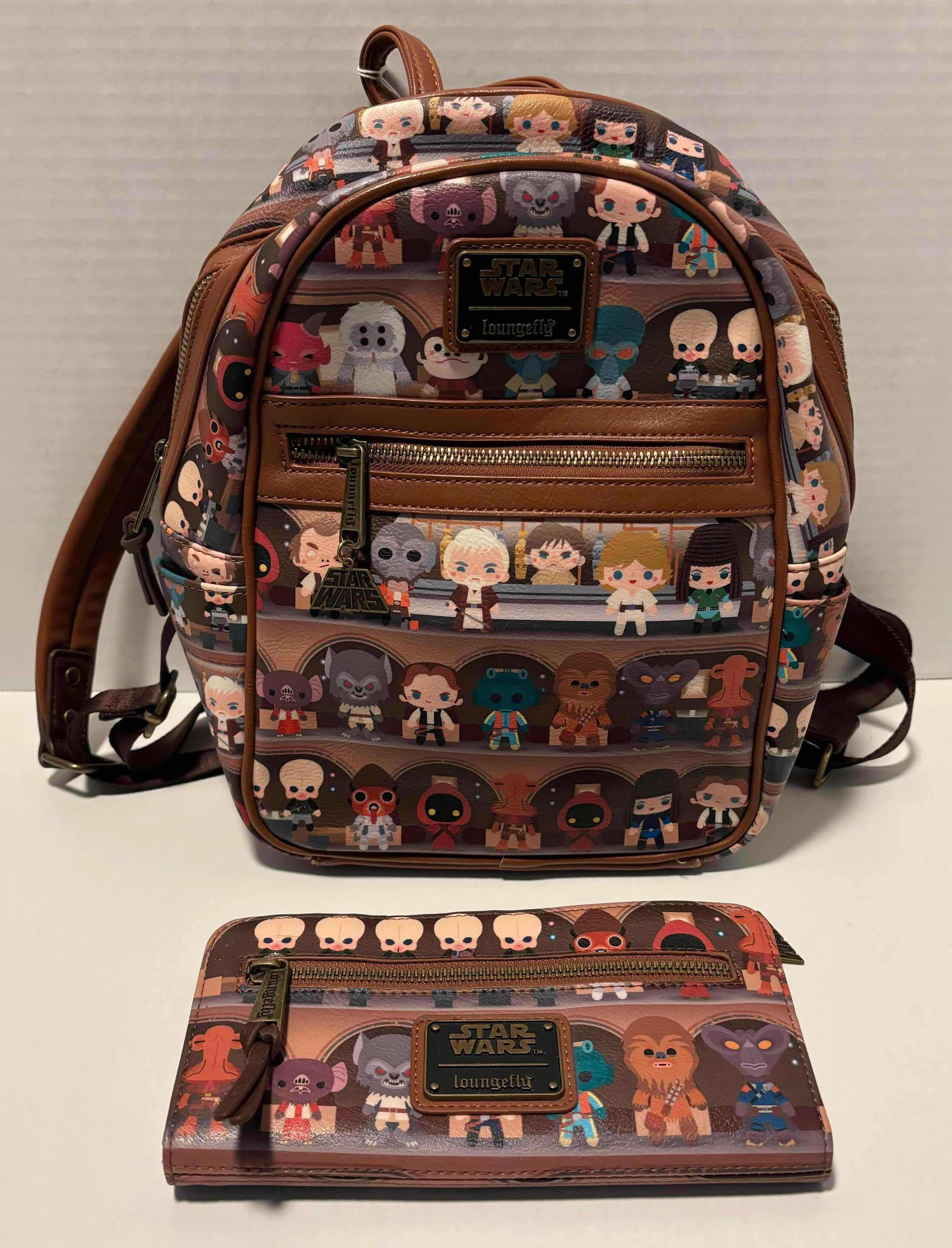Photo 1 of NEW LOUNGEFLY STAR WARS CREATURE CANTINA MINI FAUX LEATHER BACKPACK W MATCHING BIFOLD WALLET
